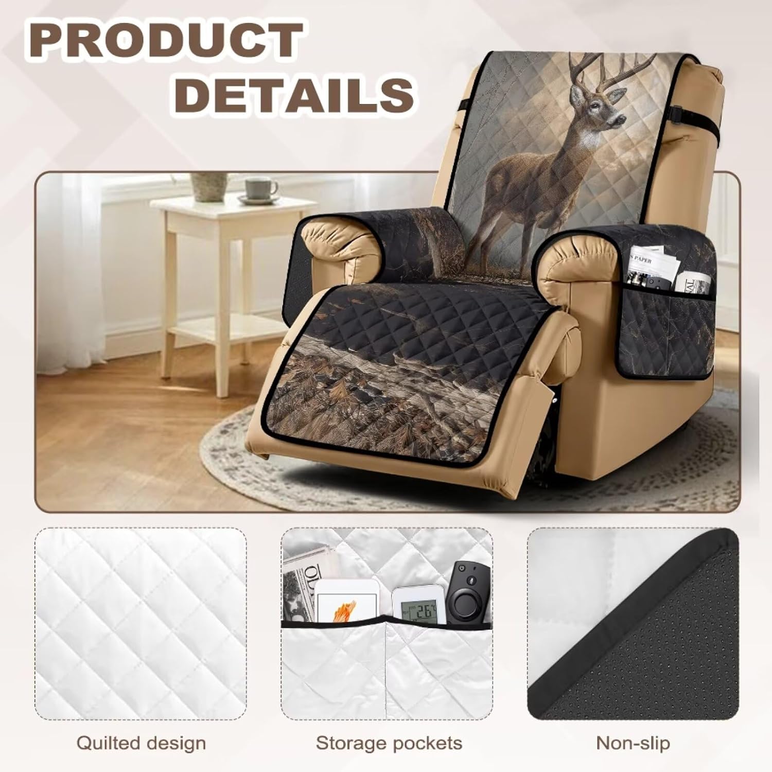 Deer Camo Hunting Print Recliner Chair Cover Anti Scratch Anti Slip Reclining Covers Washable Recliner Chair Slipcover with Pocket