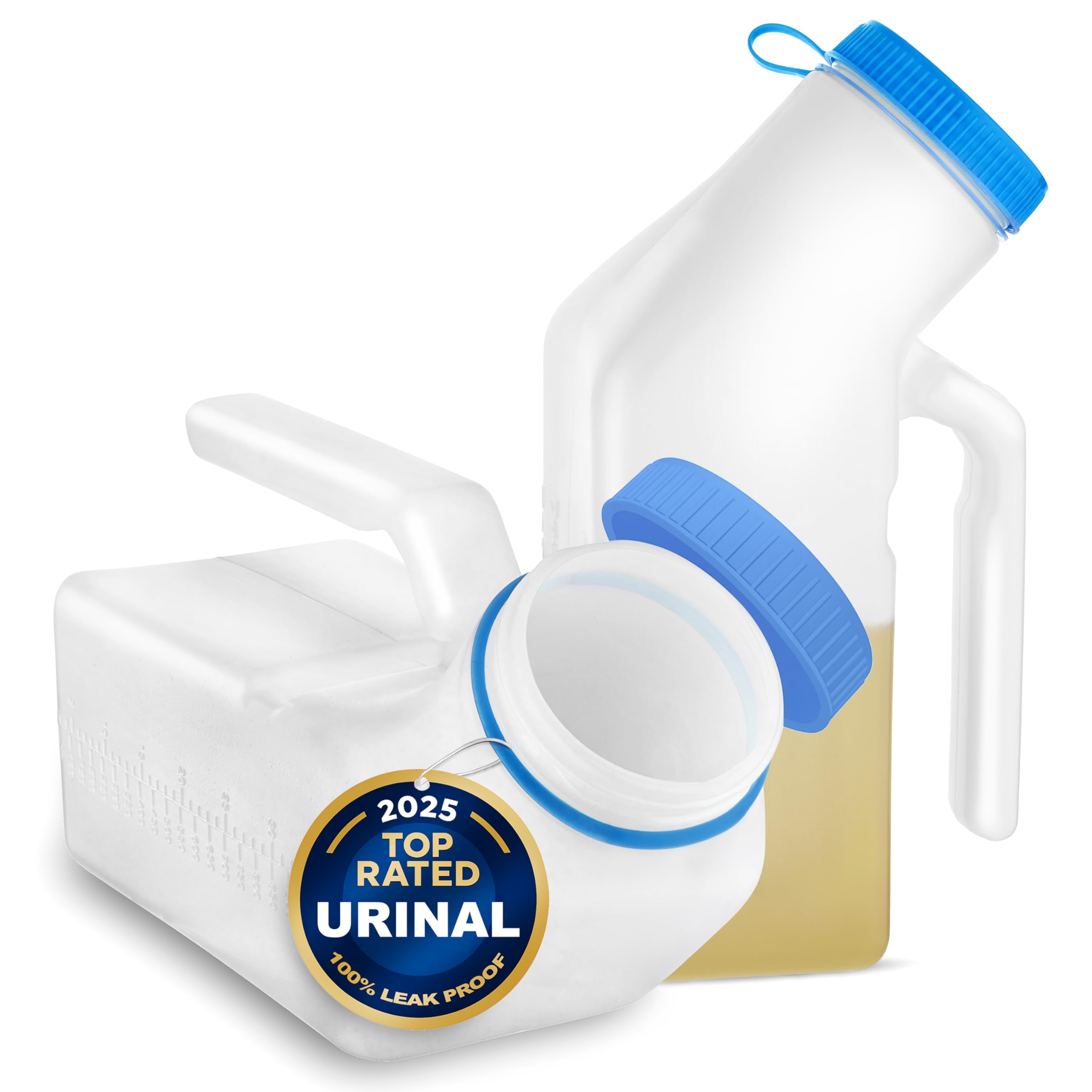 Male Urine Bottles 2 Pack (35 oz), Portable Urinals for Men Spill Proof Nighttime, Pee Bottles for Men with Screw-On Lid, Travel Urinals for Seniors with Easy-to-Read Measurement Lines