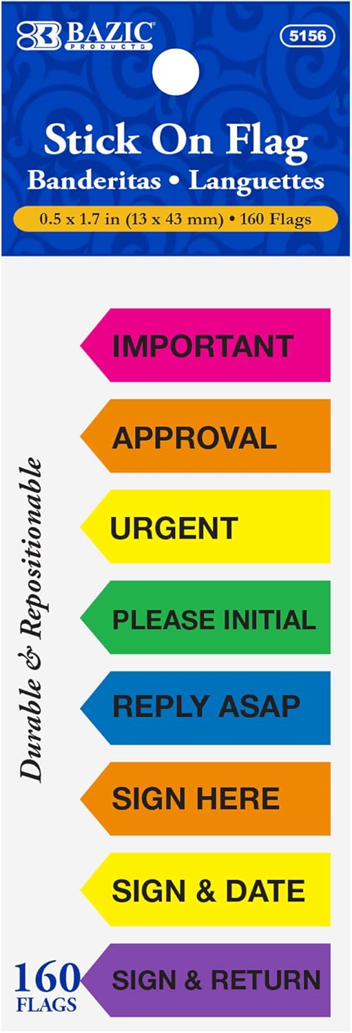 BAZIC Products Neon Page Marker, Sticky Notes for Study Materials and Office Use, Neon Colored Printed Arrow Flag Index Tabs, Page Markers and File Tabs, 0.5 x 1.7, 160 Flags/Pack, 288-Packs