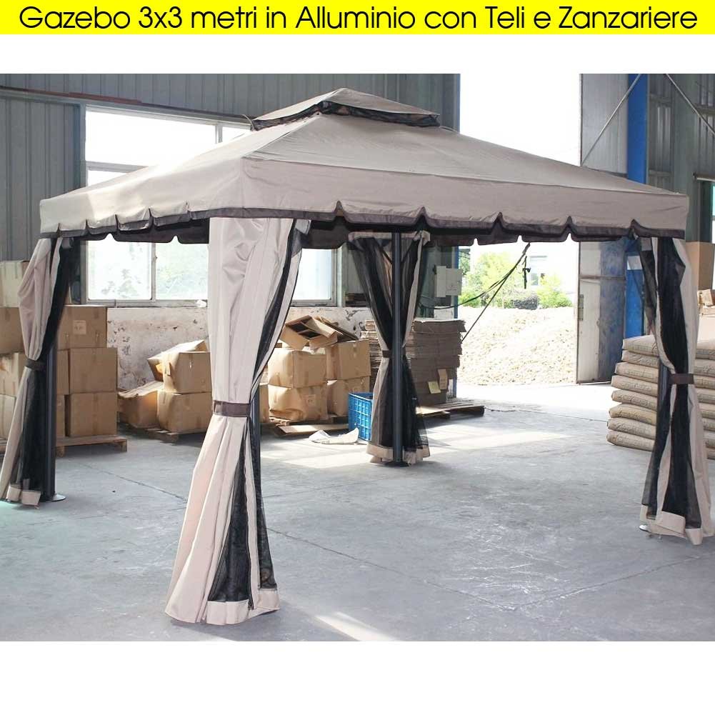 Bakaji Gazebo da Giardino 3x3 Mt Struttura in Alluminio con Copertura Telo 450 gr/mq Ghiaccio con Spalmatura Anti-UV. Antipioggia, completo di 4 Zanzariere e 4 Teli Laterali