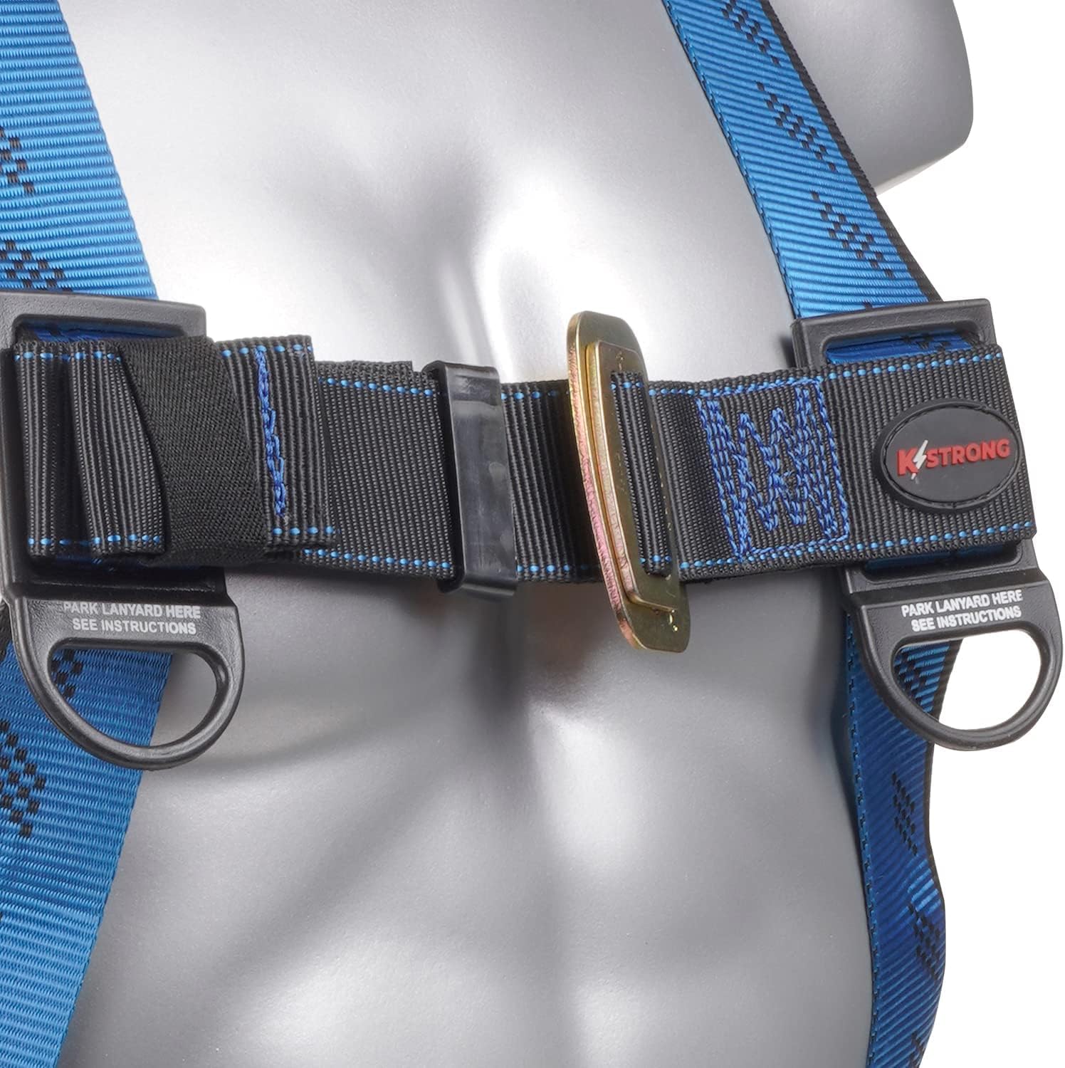 KStrong UFH10131G Kapture Essential 3-Point Full Body Safety Harness Fall Protection with 3 D-Rings, Quick Connect Chest and Tongue Buckle Legs, ANSI Compliant, S-L, Blue/Black