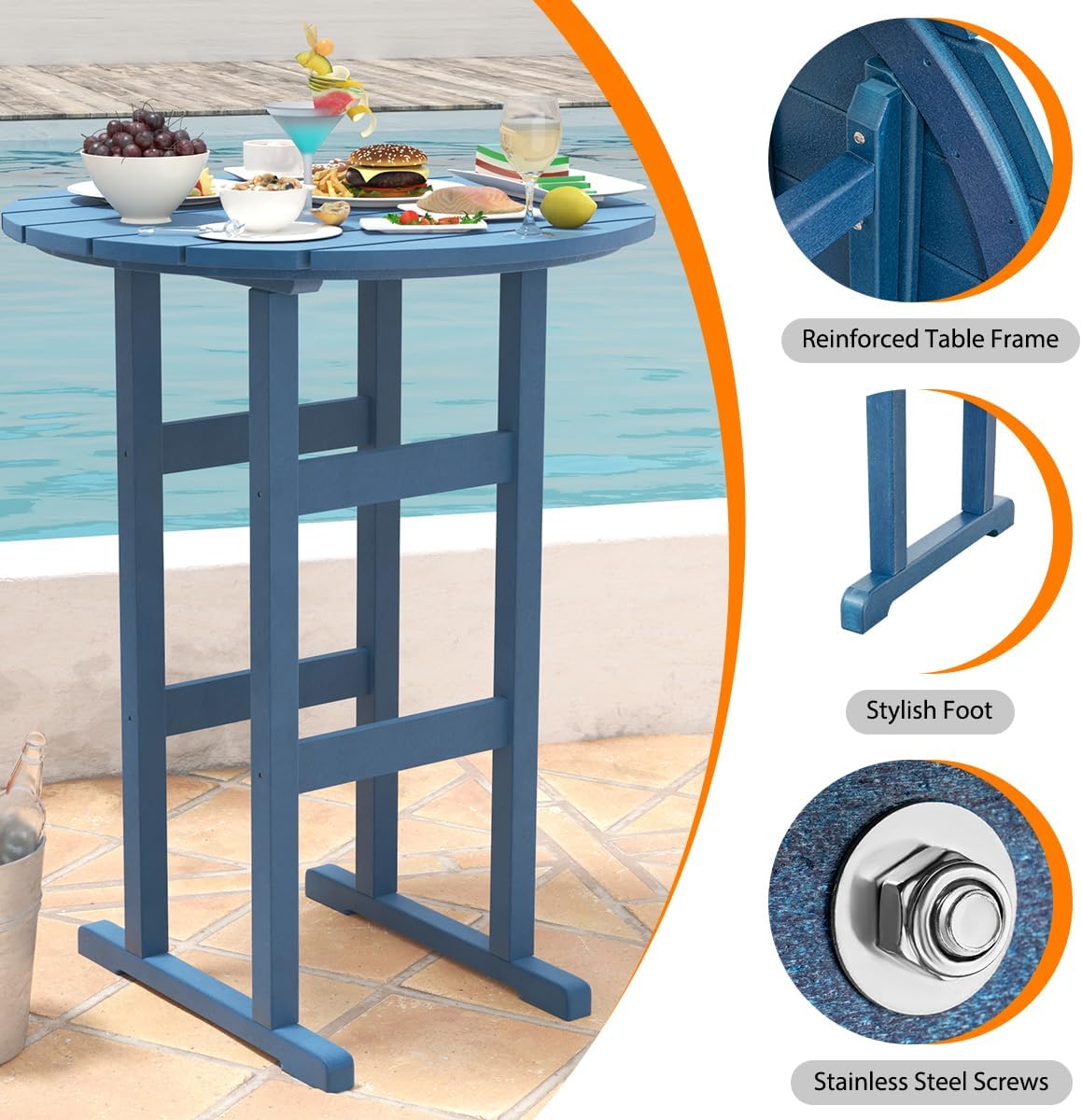 Sundale Outdoor Adirondack Round Bar Table, 39 Inch Height Patio Large Pub Table for 4, All Weather HDPE High Top Bistro Counter Table for Outside Deck Porch Balcony Poolside, Navy Blue