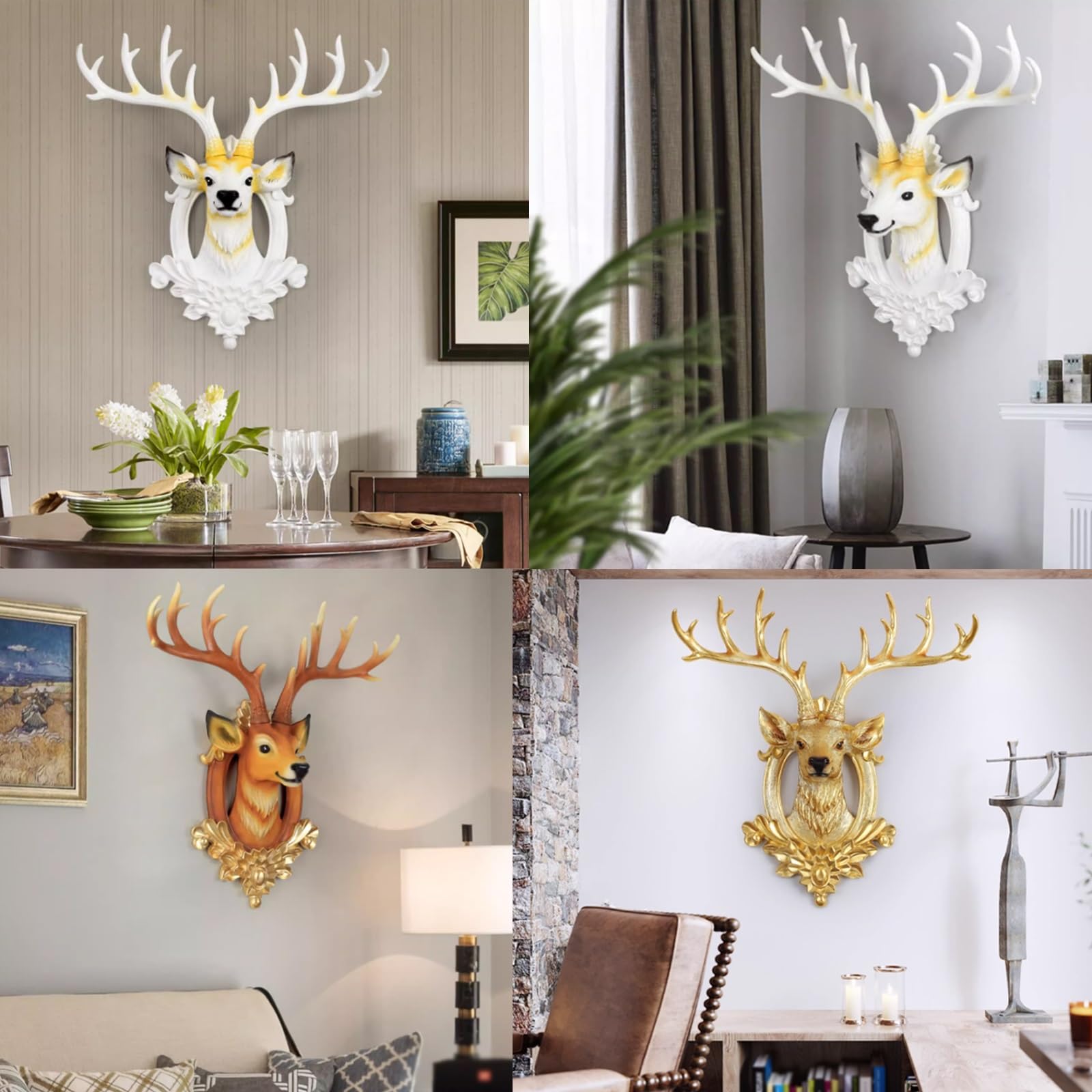 Scultura murale testa di cervo in resina fatta a mano Teschio di alce artificiale con corna rimovibili, decorazione da parete a forma di testa di animale per casa, ristorante o hotel.(Yellow)