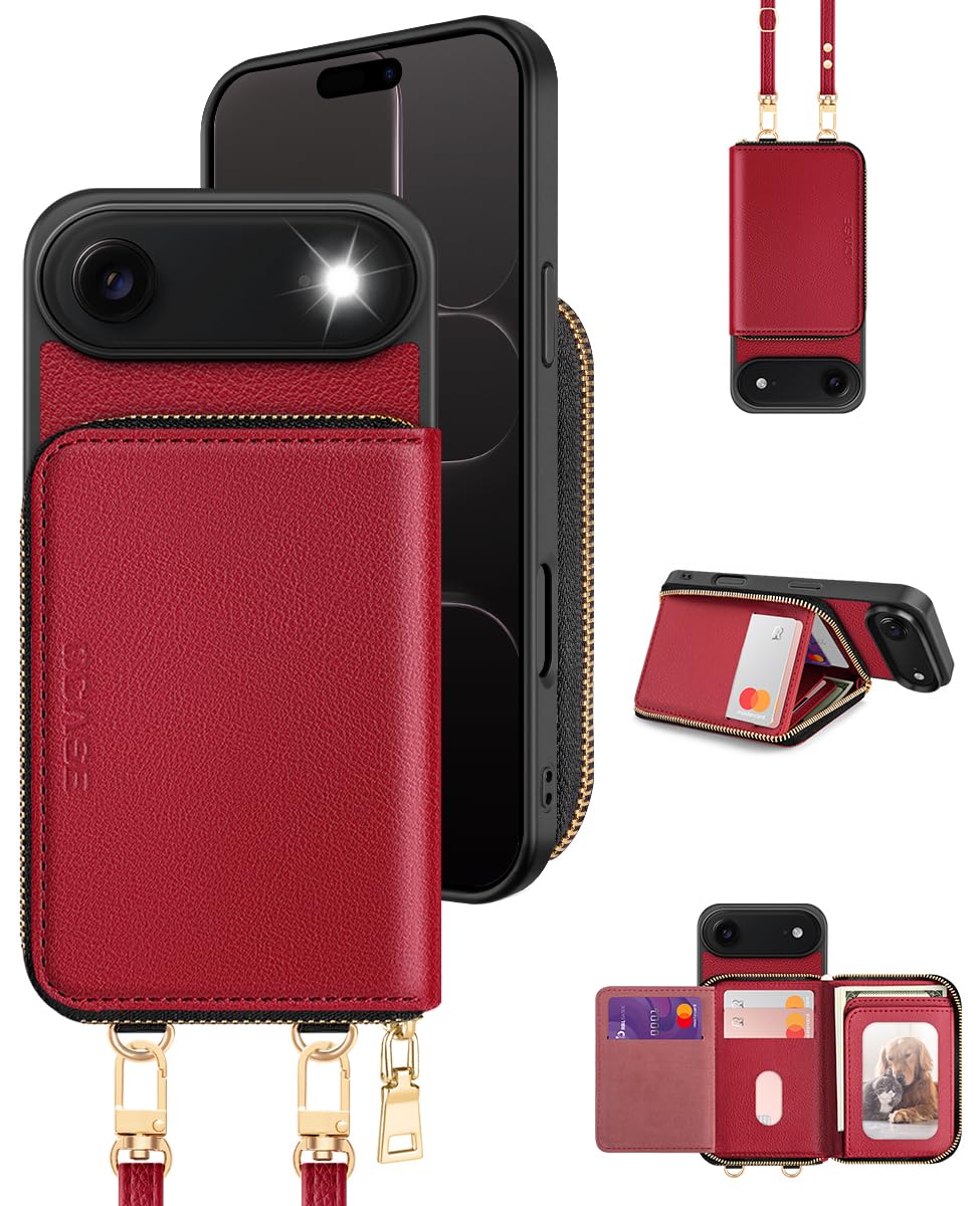 OCASE Custodia Portafoglio per iPhone Air, Custodia in Pelle con Cerniera, Porta Carte con Blocco RFID, con Tra Collo Regolabile Rimovibile, Protettiva Antiurto Cover per iPhone Air, Rosso Scuro