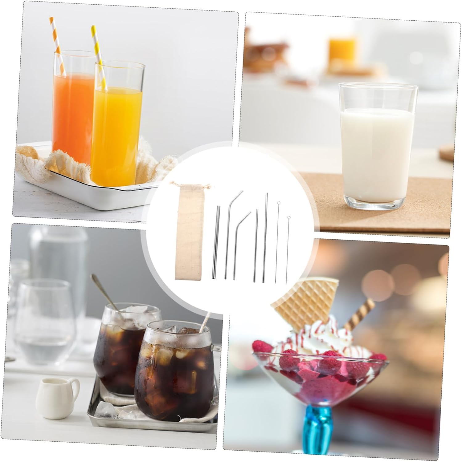 Unomor 3sets Stainless Steel Straw Reusable Drinking Straws with Cleaning Brush and Storage Bag for Tea Coffee and Water and Portable Tableware