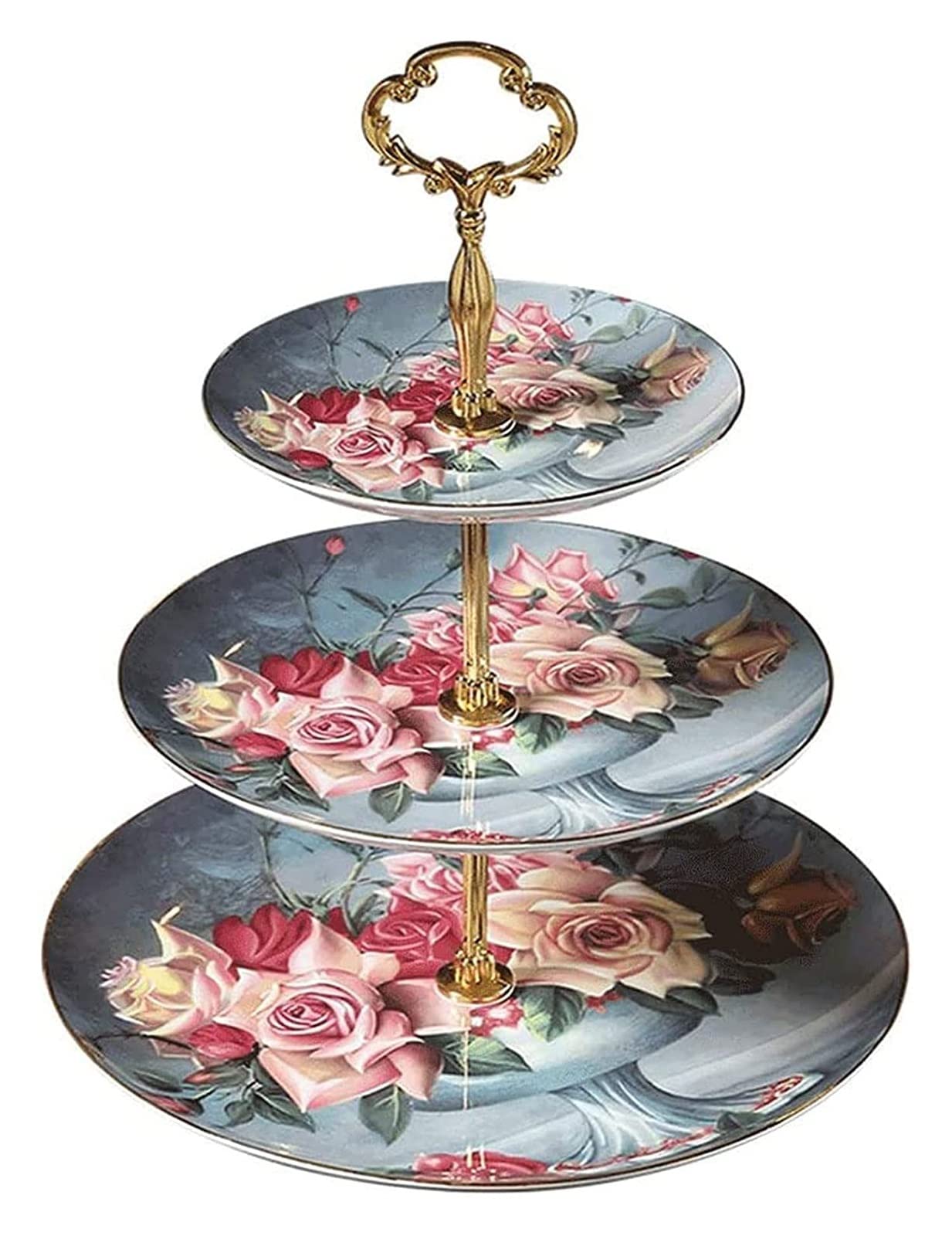 LKLNKVL Fresh Fruit Platter, Three-Layer Fruit Plate European Bone China Cake Tray Ceramic Pastry Double Bowl Basket/Blue Plates