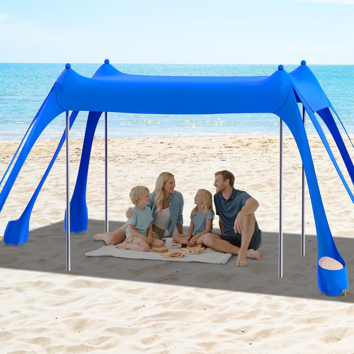 FAHKNS Beach Tent, Camping Sun Shade UPF50+ with 8 Sandbags, Sand Shovel, Ground Spikes and Stabilizer Poles, 10x10ft Beach Sunshade, Beach Tent for Camping, Fishing and Picnicking (Sky Blue)