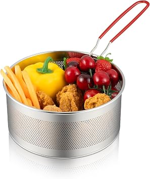 Frying Basket, Round Stainless Steel Deep Fryer Basket with Long and Removable Heat Resistant Silicone Handle for Frying French Fries,Chickens,and Boiling Vegetable,Pasta,7 inches