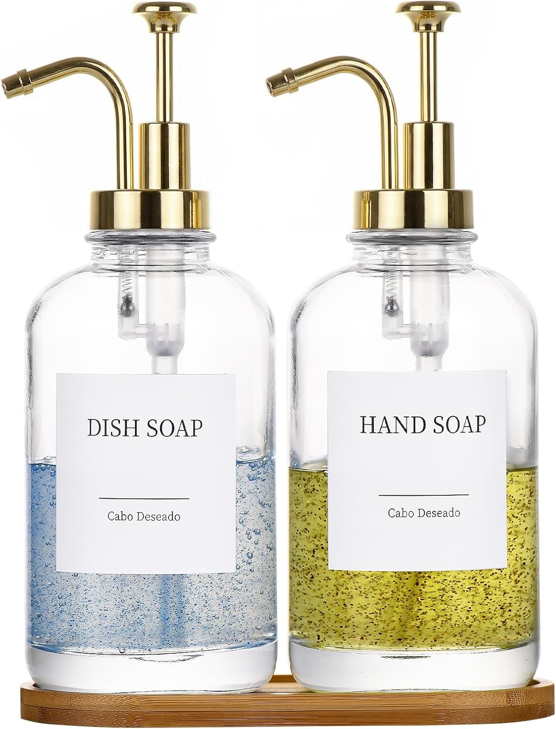 Glass Soap Dispenser with Pump, Dish and Hand Soap Dispenser for Kitchen Bathroom Set, Clear Glass Dispenser Set of 2 Pack with 18 Stickers Funnel Bamboo Tray 500ml 18oz / Each Bottle Gold Pump