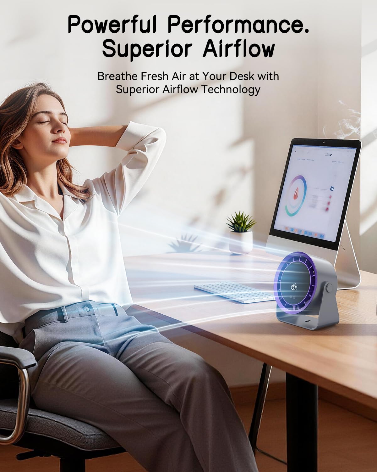 Timiyou Schreibtischventilator, 6,7 Zoll, leistungsstarker tragbarer Tischventilator mit 100 Geschwindigkeiten, ultra-leise, LED-Anzeige, Touch-Steuerung, 360° Neigung, USB-C-wiederaufladbarer 3600