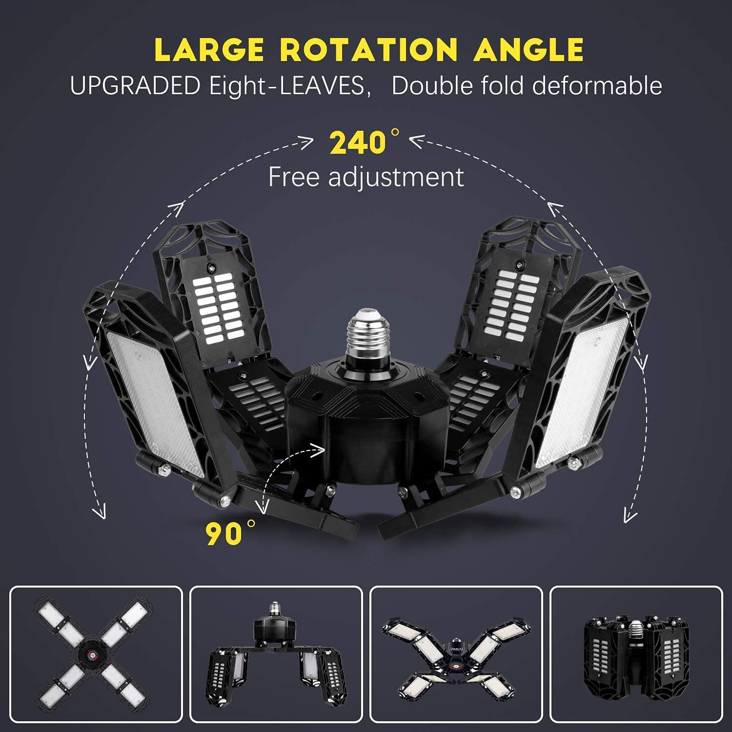 PINSAI Aluminium LED Garage Light, E26/E27 Bright Garage Lighting Bulb, 220W Deformable Ceiling LED Shop Light, Screw in Work Light for Garage, 8 Pannel Basement Indoor Shop Lighting Fixture
