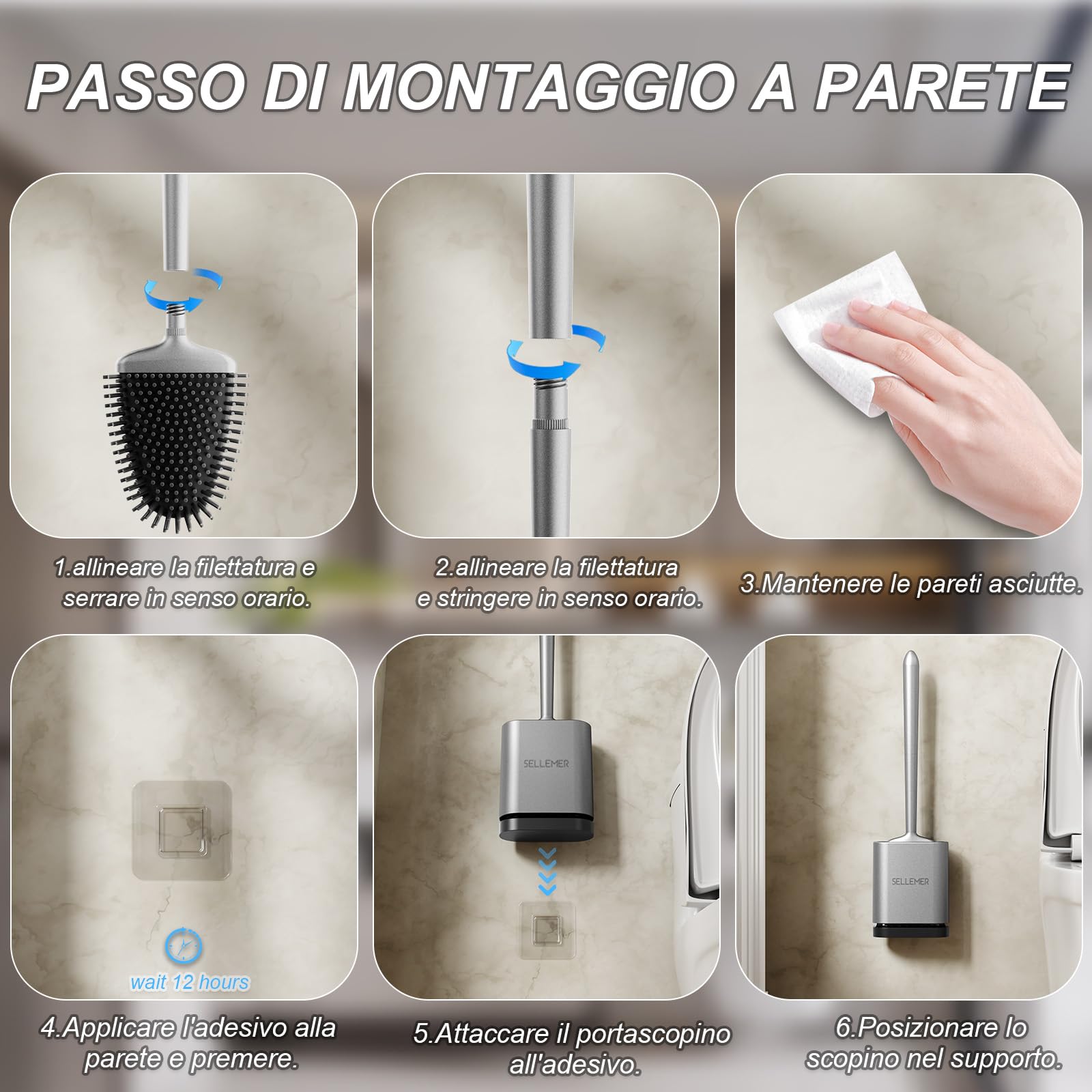 Sellemer Scopino WC Silicone, 2 Pezzi Scopino Bagno Montaggio a Parete/in Piedi, Scopettino Bagno con Supporto Traspirante ad Asciugatura Rapida, Scovolino WC Flessibile per WC(Argenteo)