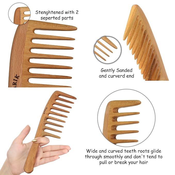 Peine de madera con dientes anchos, estilo vintage natural miniatura 4