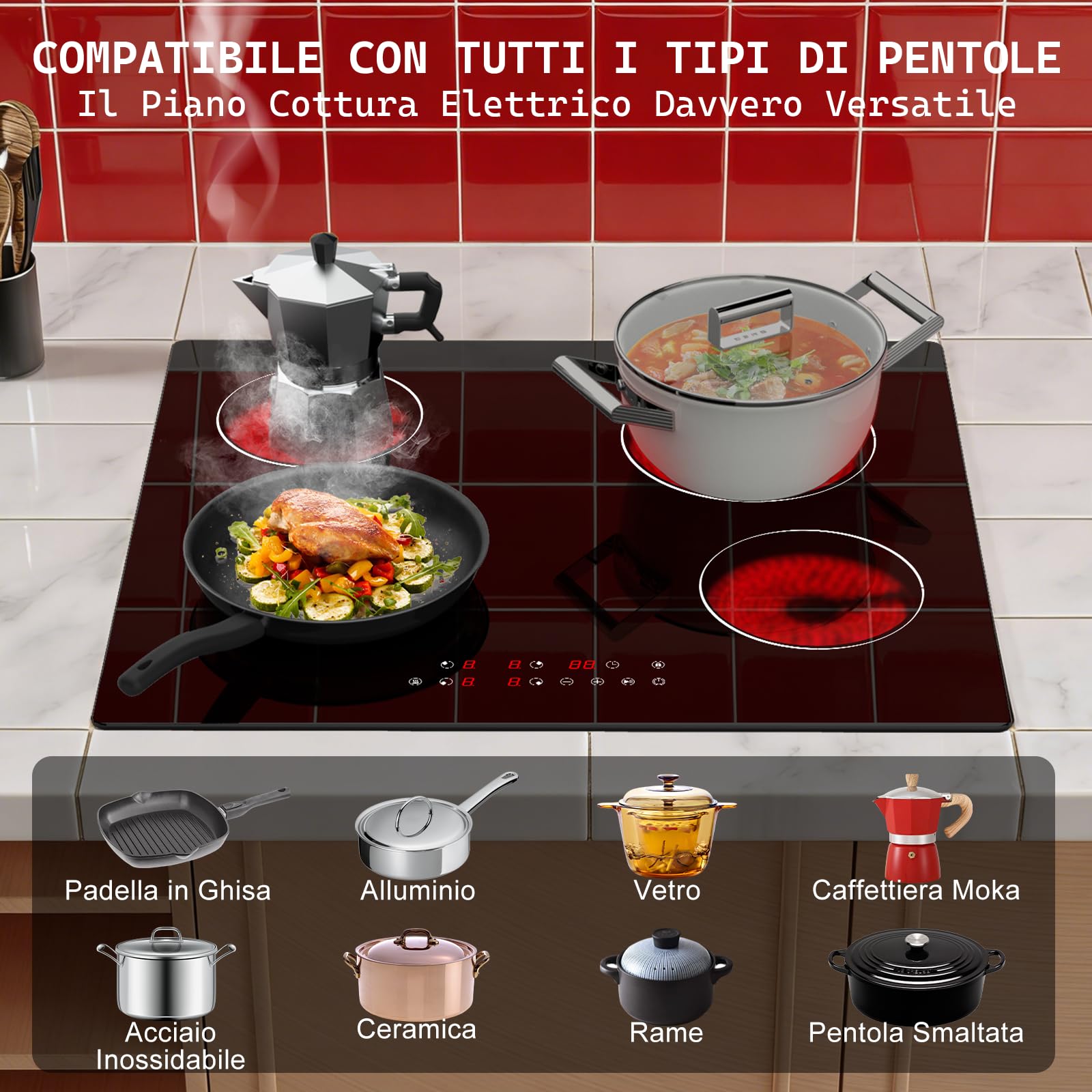 Piano Cottura Elettrico 60cm Da Incasso, Fornello Elettrico 4 Zone 6000W Con Timer, 9 Livelli Di Potenza, Blocco Di Sicurezza, Controllo Touch In Vetro Nero, Piastra Elettrica