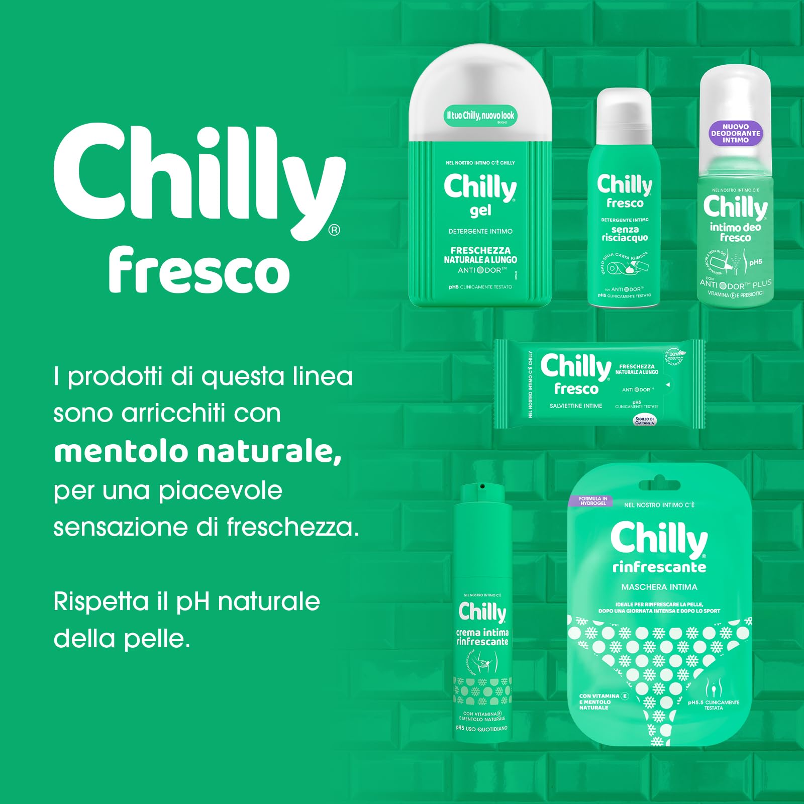 Chilly, Detergente Intimo Gel, Freschezza naturale a Lungo, con Anti-Odor, Per L'Igiene Intima, con Mentolo Naturale per una piacevole sensazione di freschezza, pH 5, Clinicamente Testato - 300 ml