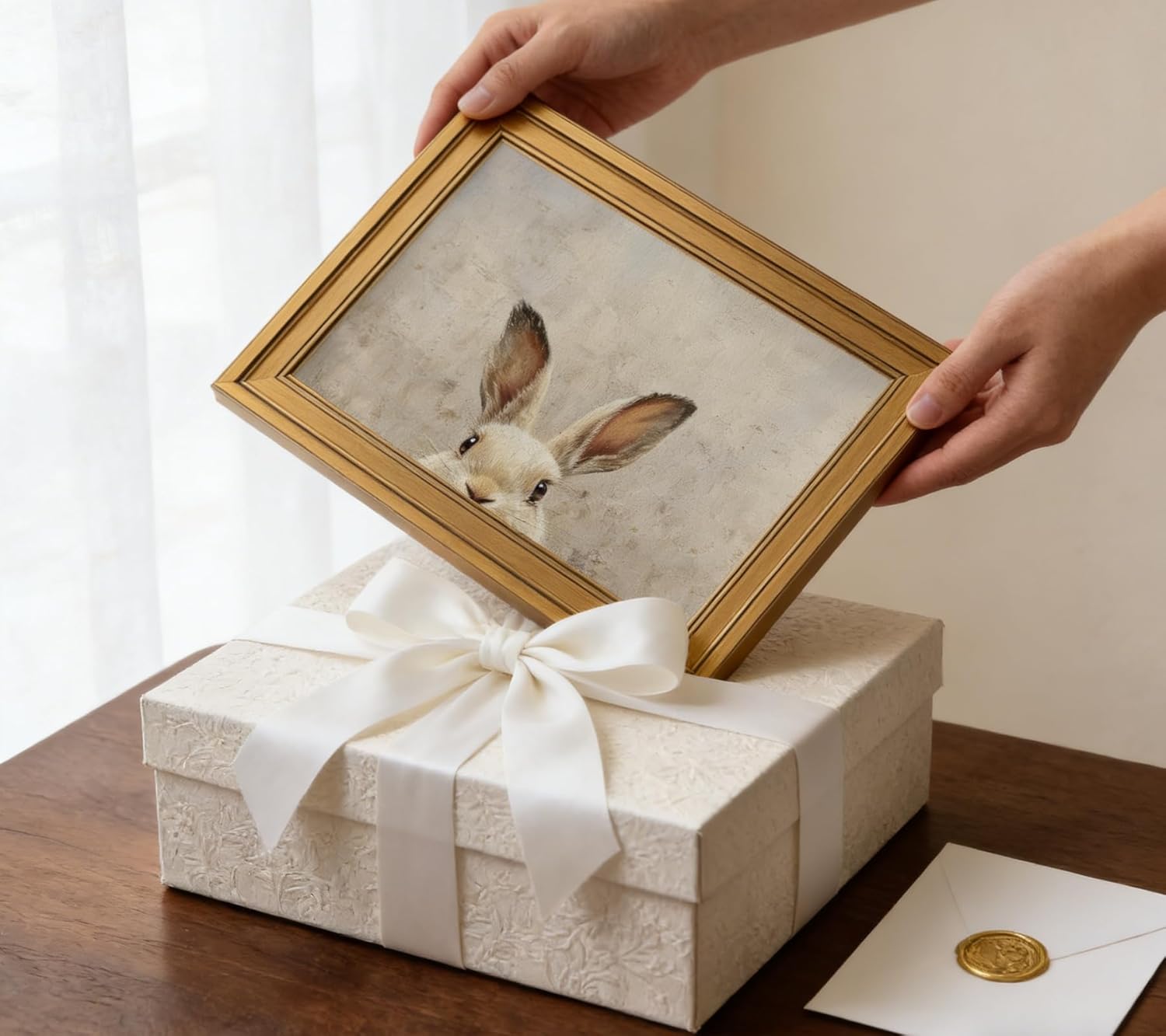Gold Framed Funny Vintage Rabbit Canvas Wall Art Easter Bunny Painting Picture Wall Decor Animal Poster Print for Kids Room Living Room Bedroom Holiday Decoration 16x12in