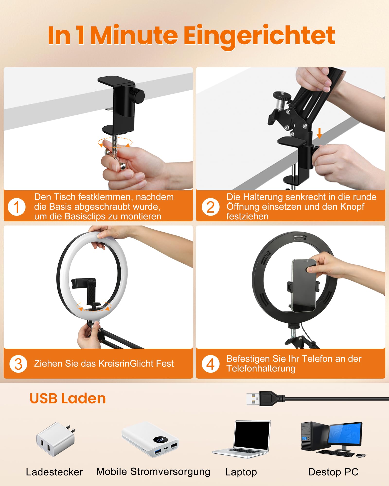 Evershop Luce ad anello con treppiede per cellulare Overhead,10,2" ad anello con telecomando, lampada ad anello flessibile, per lo streaming, tavolo portatile, luce 3 colori di luce + 10 luminosità