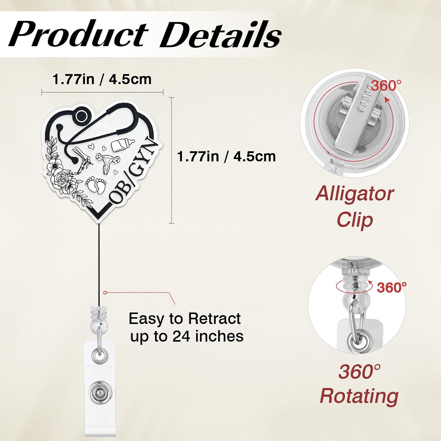Elegant OB/GYN Badge Reel with Swivel Alligator Clip, Obstetrics & Gynecology Nurse Retractable ID Card Badge Holder for Work, Cute Labor and Delivery Badge Buddy, L&D Nurse Gifts, Midwife Badge Clip image 2