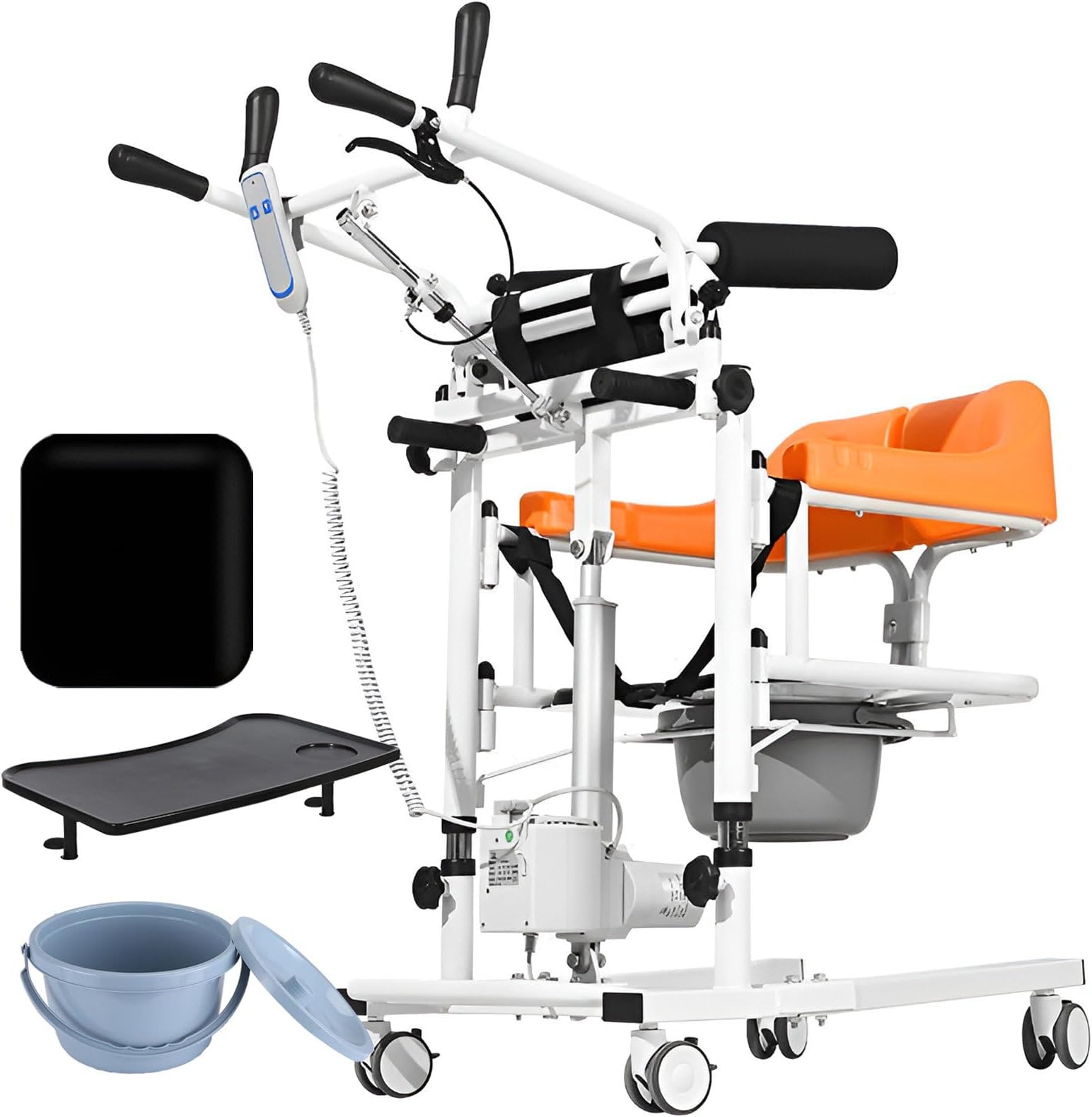 Electric Patient Transfer Lift Chair, Versatile Shower and Bathroom Wheelchair, Hinged Split Seat Design with Portable Potty and Cushion, Supports Up to 440lbs