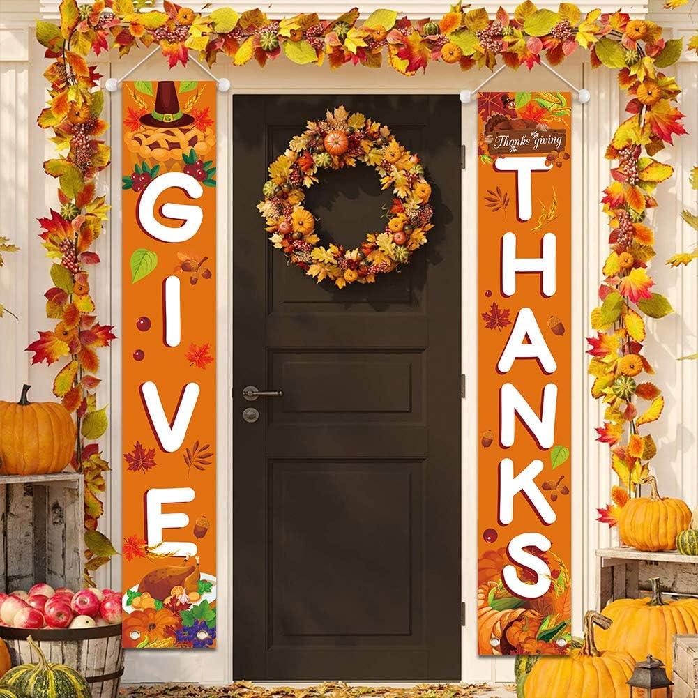 LOVESTOWN Thanksgiving Front Porch Banner, 72 inches GIVE THANKS Hanging Banner Thanksgiving Door Decorations Autumn Pumpkin Maple Leaf Porch Sign for Fall Party Home Yard Indoor Outdoor Wall Docor