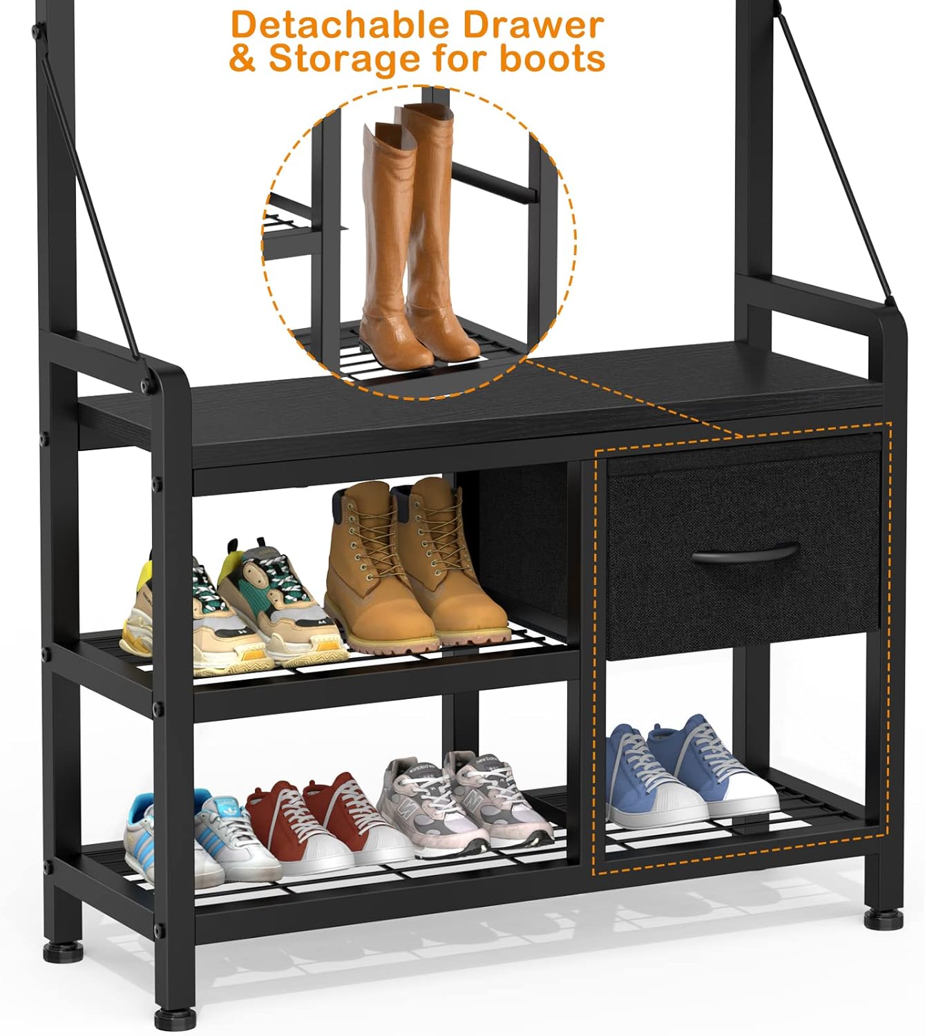 Lulive Entryway Bench with Coat Rack, 31” Hall Tree with Bench and Shoe Storage, 17 Hooks and Drawers, 4 in 1 Intelligent Design Freestanding Shoe Bench and Wall Rack (Black) : Home & Kitchen