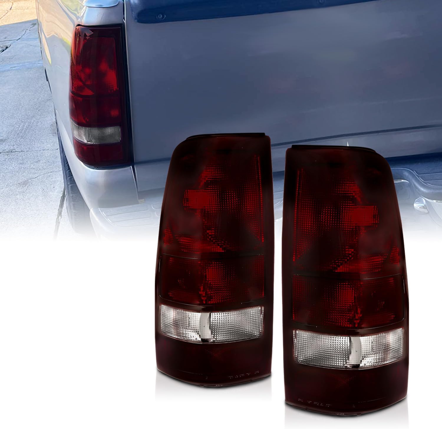 AmeriLite for 1999-2002 Chevy Silverado | 99-2006 GMC Sierra Truck Smoke Red Replacement Brake Tail Lights Pair - Passenger and Driver Side