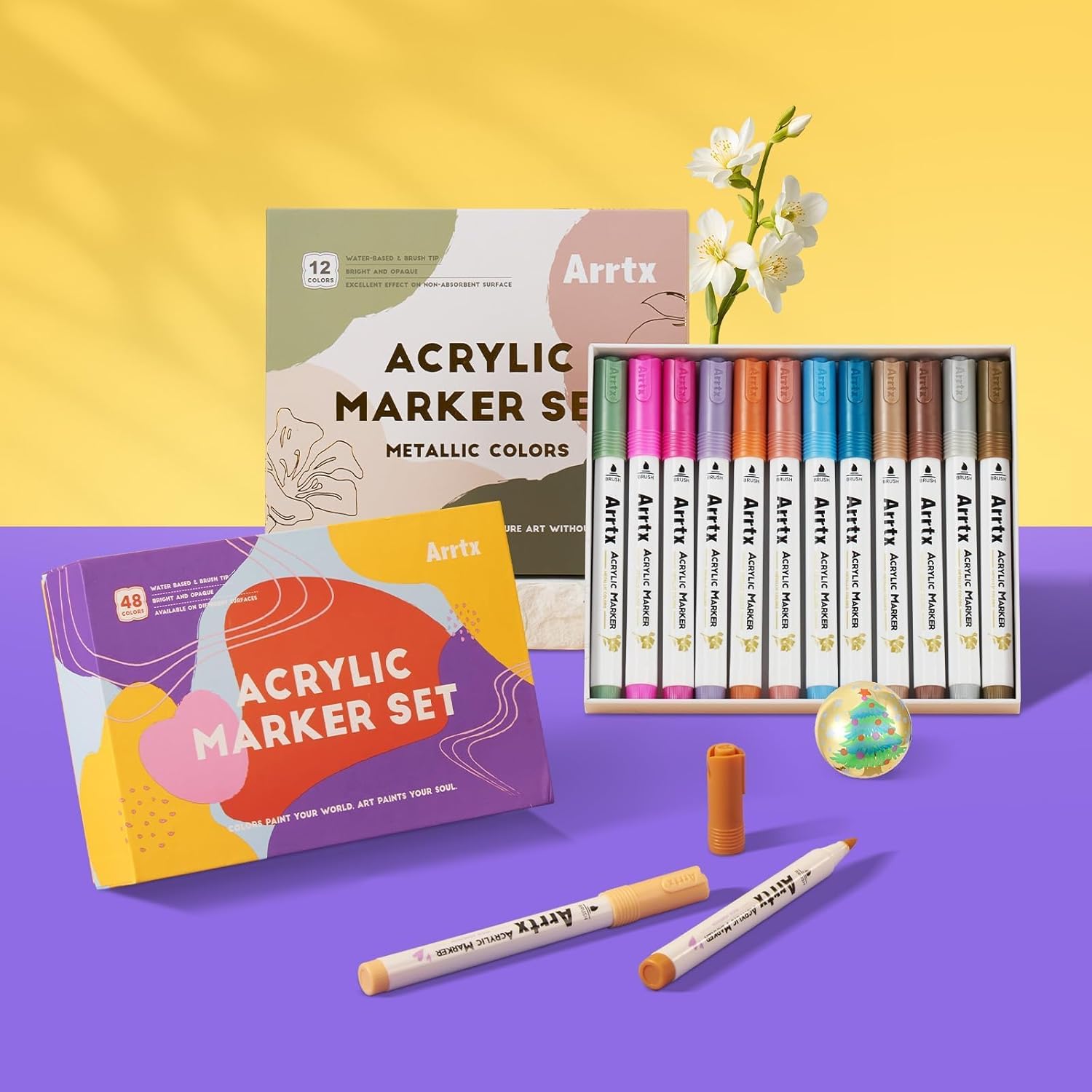 Arrtx Acrylic Paint Pens, 60 Colors for Rock Painting, Brush Tip, 12 Metallic Color & 48 Regular Color for Stone, Glass, Easter Egg, Wood and Fabric Painting-No Toxic,No Odor