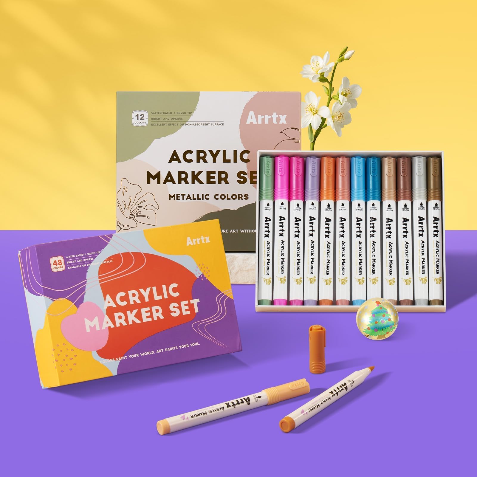 Arrtx 60 Acrylmalstifte für Steinmalerei, extra Pinselspitze Acrylmarker, 12 metallische und 48 normale Farben für Stein, Glas, Ostereier, Holz und Stoffmalerei, ungiftig, kein Geruch