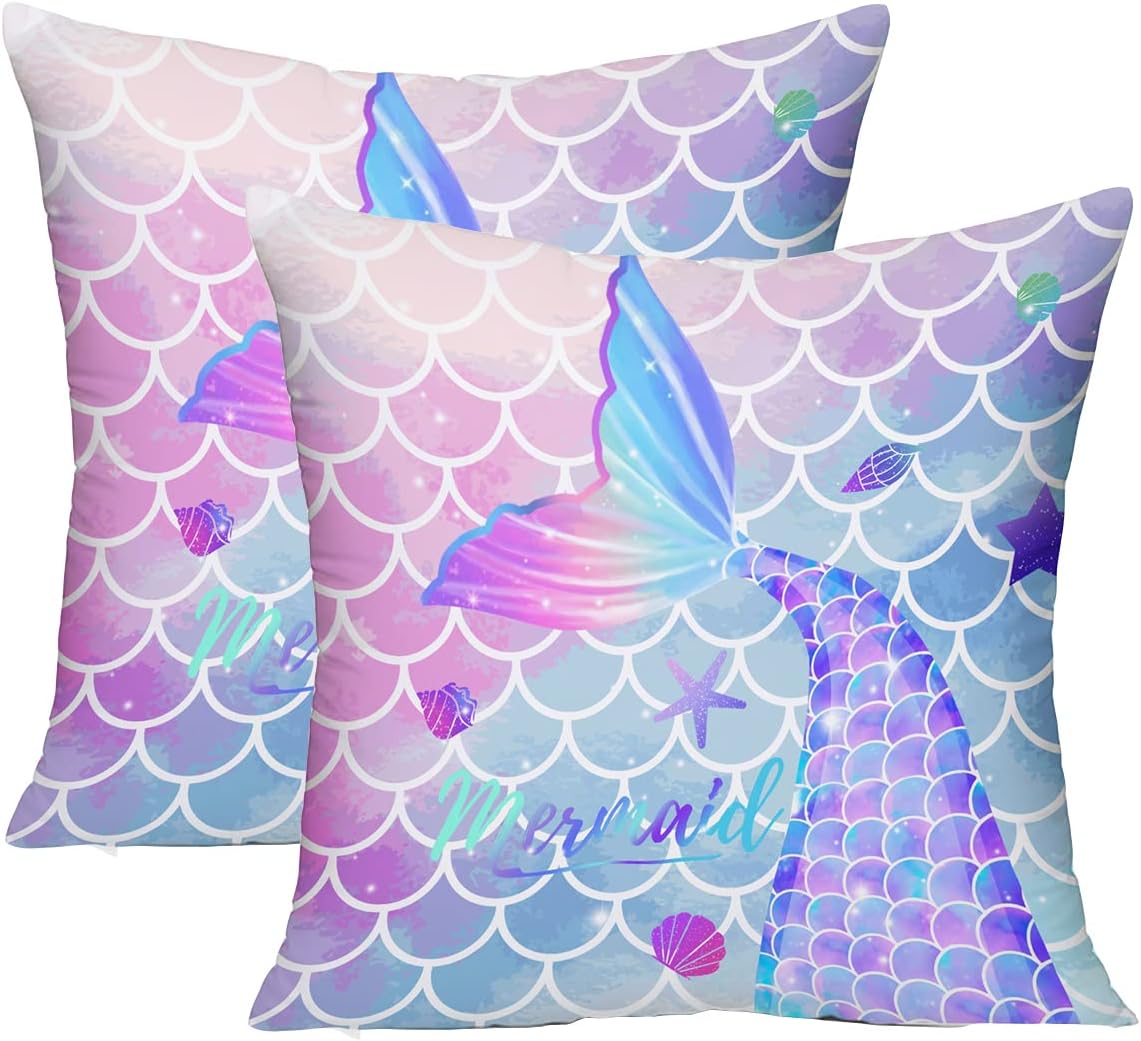 MUSOLEIMermaid Pillow Cover,18x18 Pack of 2 Square Soft Mermaid Tail Blue Pillow Cases with Zipper Mermaid Nursery Decor Girl Bedroom Decor Little Mermaid Room Decor for Girls Couch Sofa Living Room