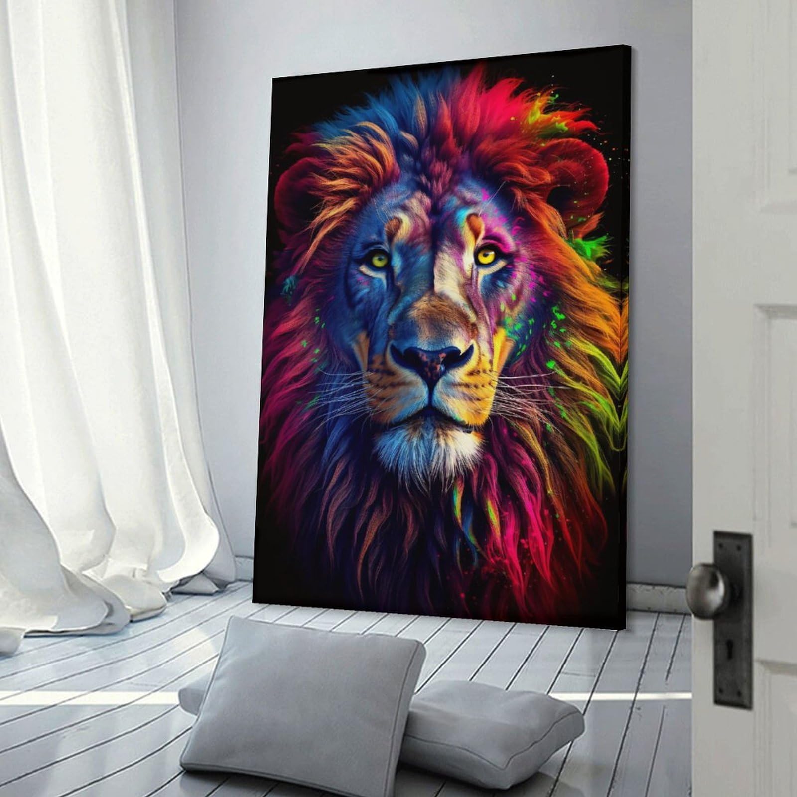 Junmoney Frame-Style-6 Colorful Lion Art Print Canvas Wall Decor, 12X18inch(30X45cm), For Flats, Guest Rooms Or Compact Rooms, Decorative Canvas Decor For Home Updates
