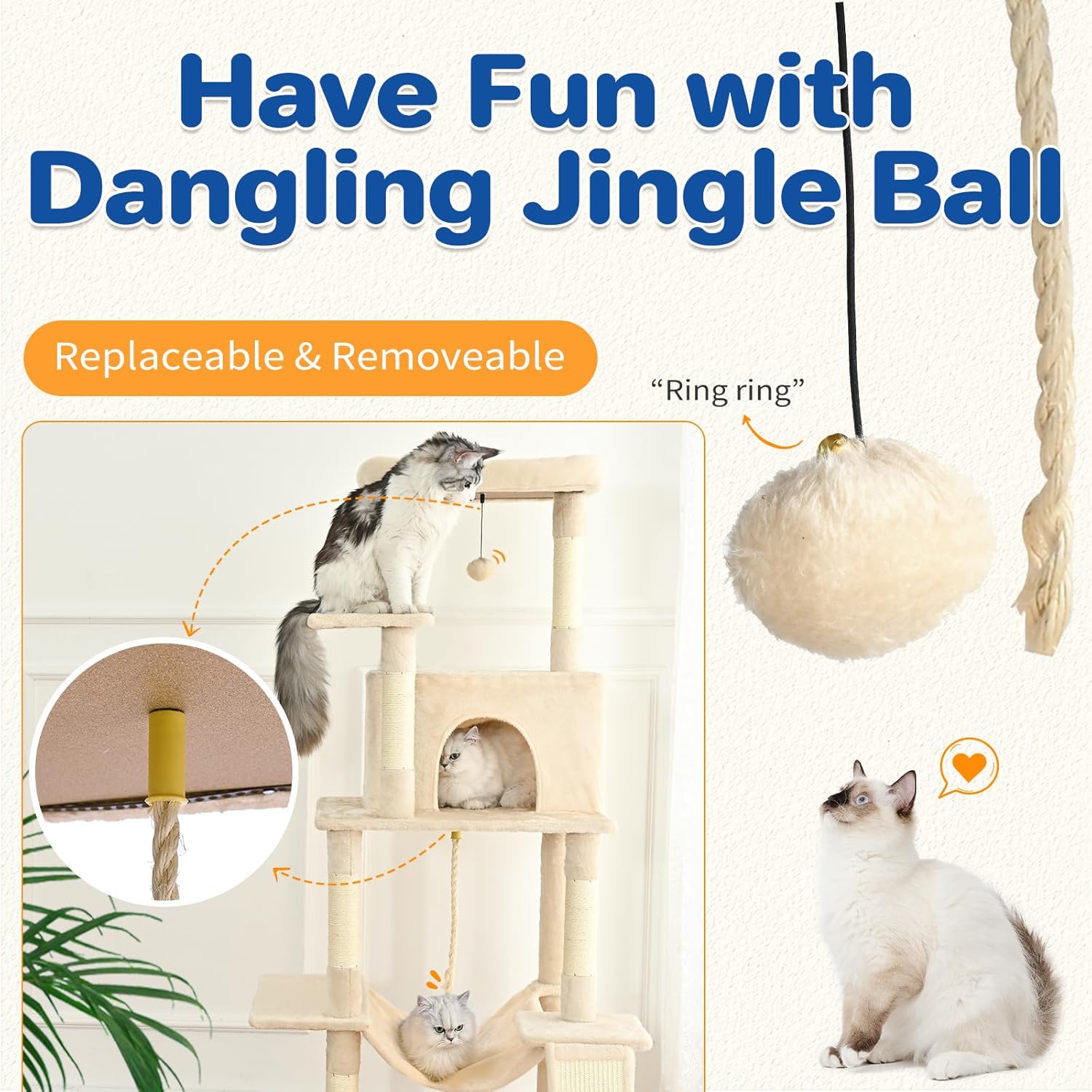 ABCPET Cat Tree Tower 63in Multi-Level Cat Tower for Indoor Cats with Sisal Scratching Posts, Condo, Hammock, Dangling Ball and Extended Platform for Cats to Play, Beige