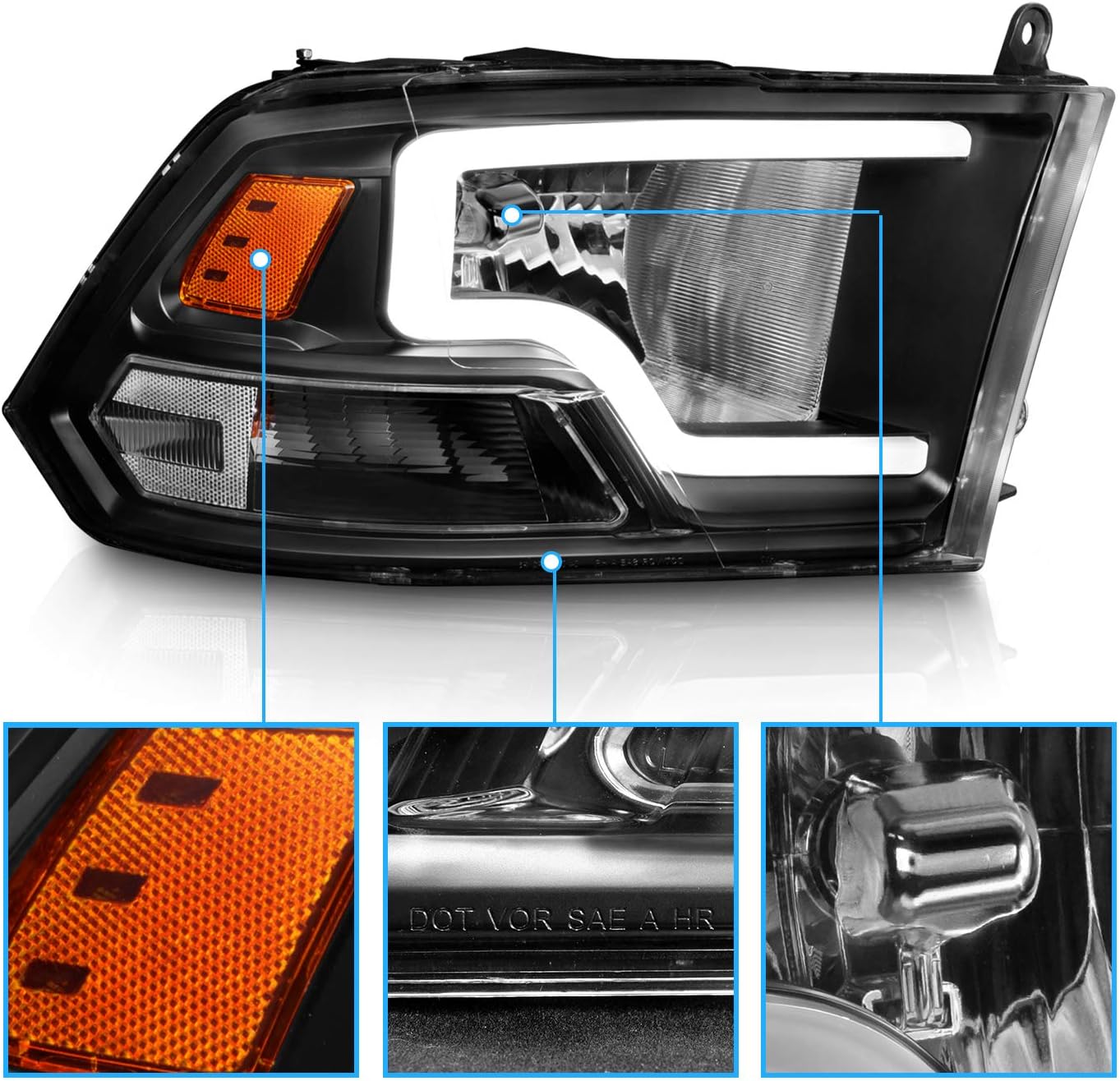 AmeriLite Black Replacement Headlights for 2009-2018 Dodge Ram 1500 2500 3500 Truck - LED Bar, with Bulbs, Driver and Passenger Side Pair