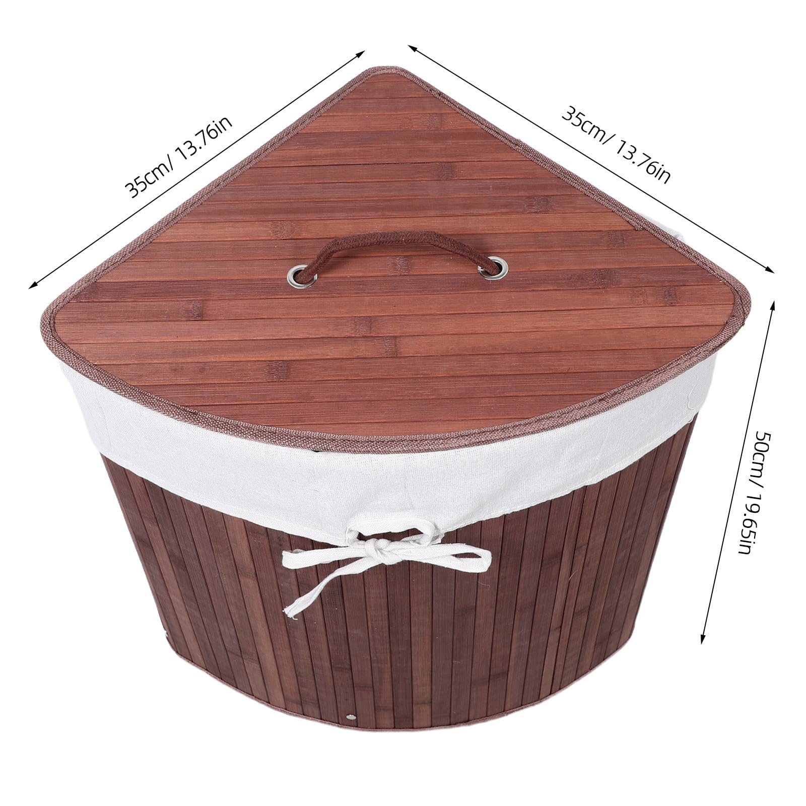 TEHAUX Cesto Portabiancheria Triangolare Design Salvaspazio ad Angolo con Coperchio in Bambù e Tessuto Dimensioni 35x50cm per Camera e Casa