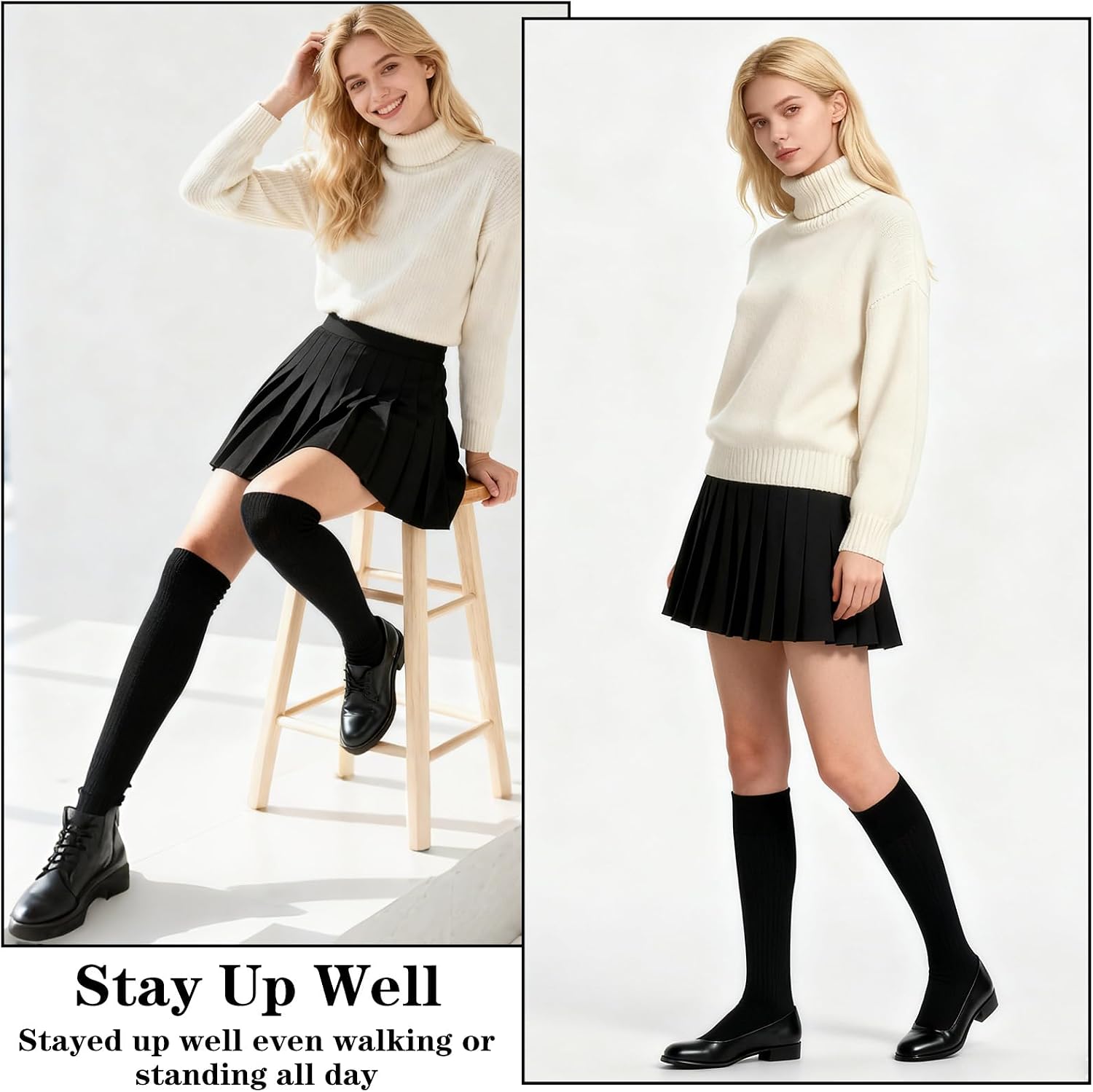 3 Pairs Women's Opaque Stretchy Cotton Knee High Stockings Trouser Socks, Soft Casual Black Sock for Girls Daily Wear Christmas Cosplay