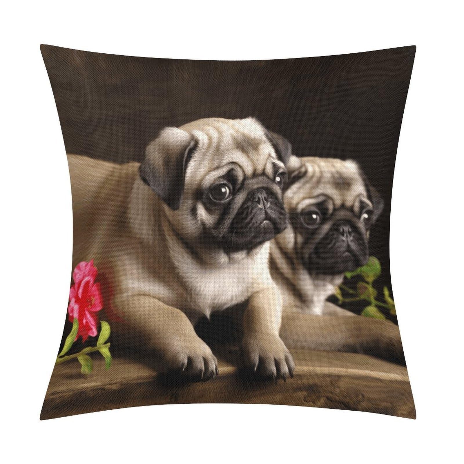 LZQPOEAS Puppys Pug Throw Pillow Covers, Waterproof Faux Linen Pillow Cases with Invisible Zipper, Decorative Square Cushion Covers for Sofa Couch Living Room Bedroom 18x18 Inch