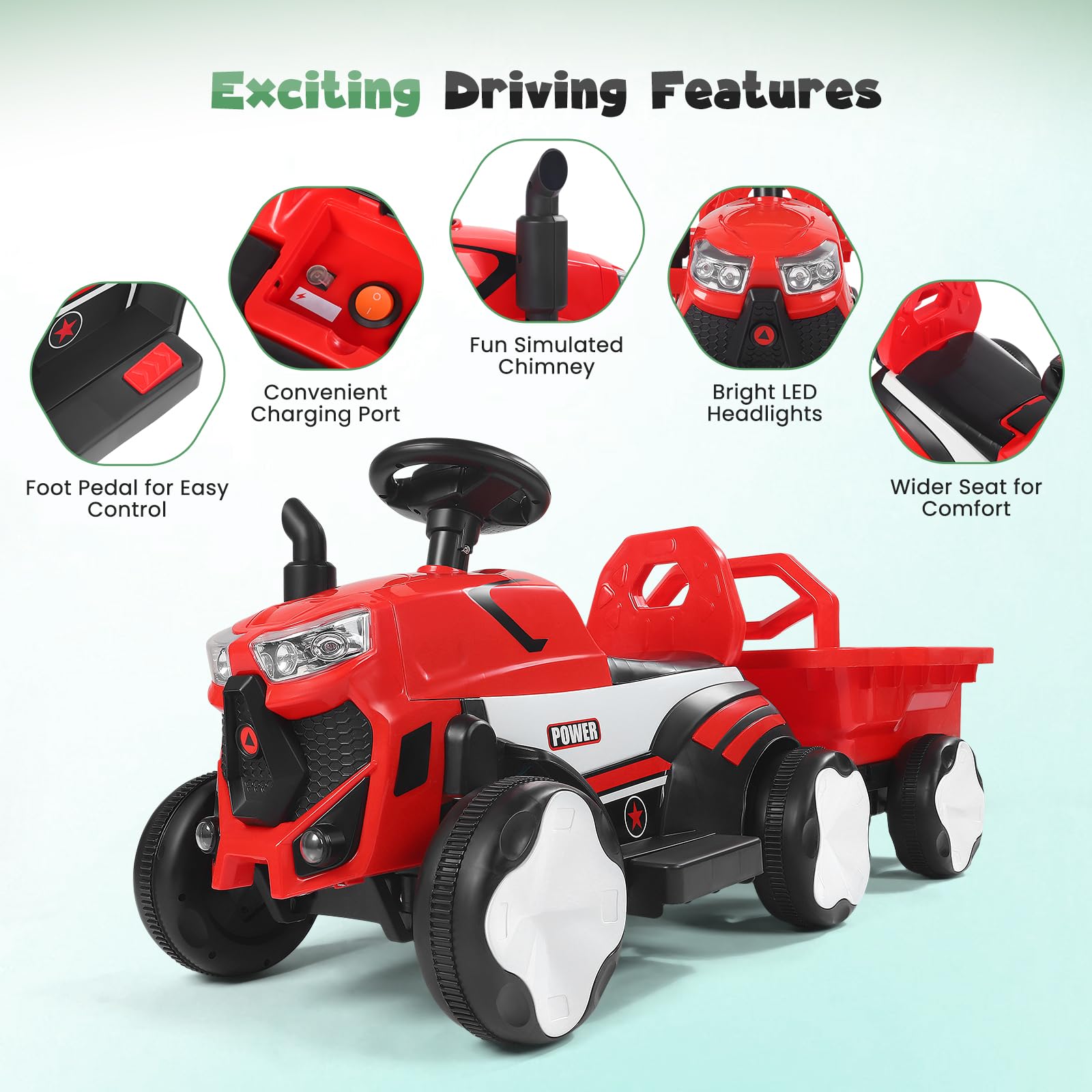 Trattore Elettrico per Bambini con Rimorchio, Telecomando, Luci LED, Musica, Capacità di Carico Fino a 30 Kg, Adatto per Bambini da 3 Anni (Rosso)