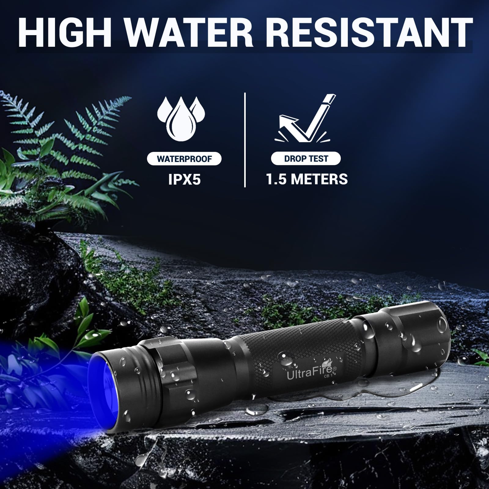 ULTRAFIRE Torcia a LED blu, 450-460 nm, luce blu da caccia, torcia da caccia con batteria e caricabatterie, luce blu da 656 piedi per pesca notturna e osservazione notturna, CB1