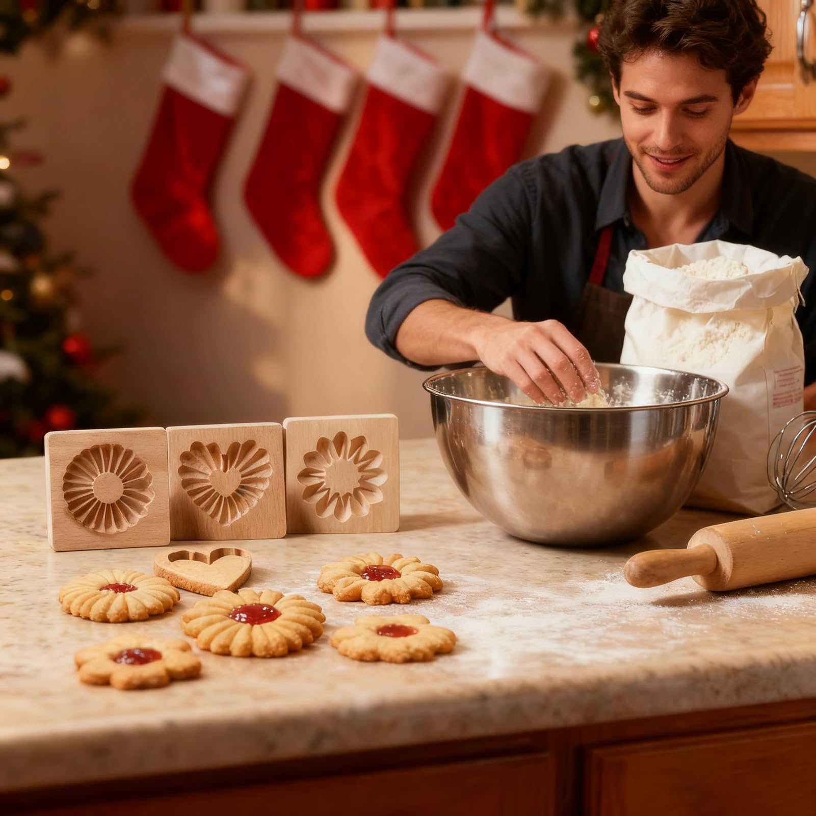 Moules À Biscuits En Bois - Tampons À Embosser Anti-Adhésif En Bois - Moule À Beurre Gravé Pour Cuisine - Pour Snacks Shortbread Chocolat Gâteau Sucre Cours De Cuisine Barre Noël Halloween