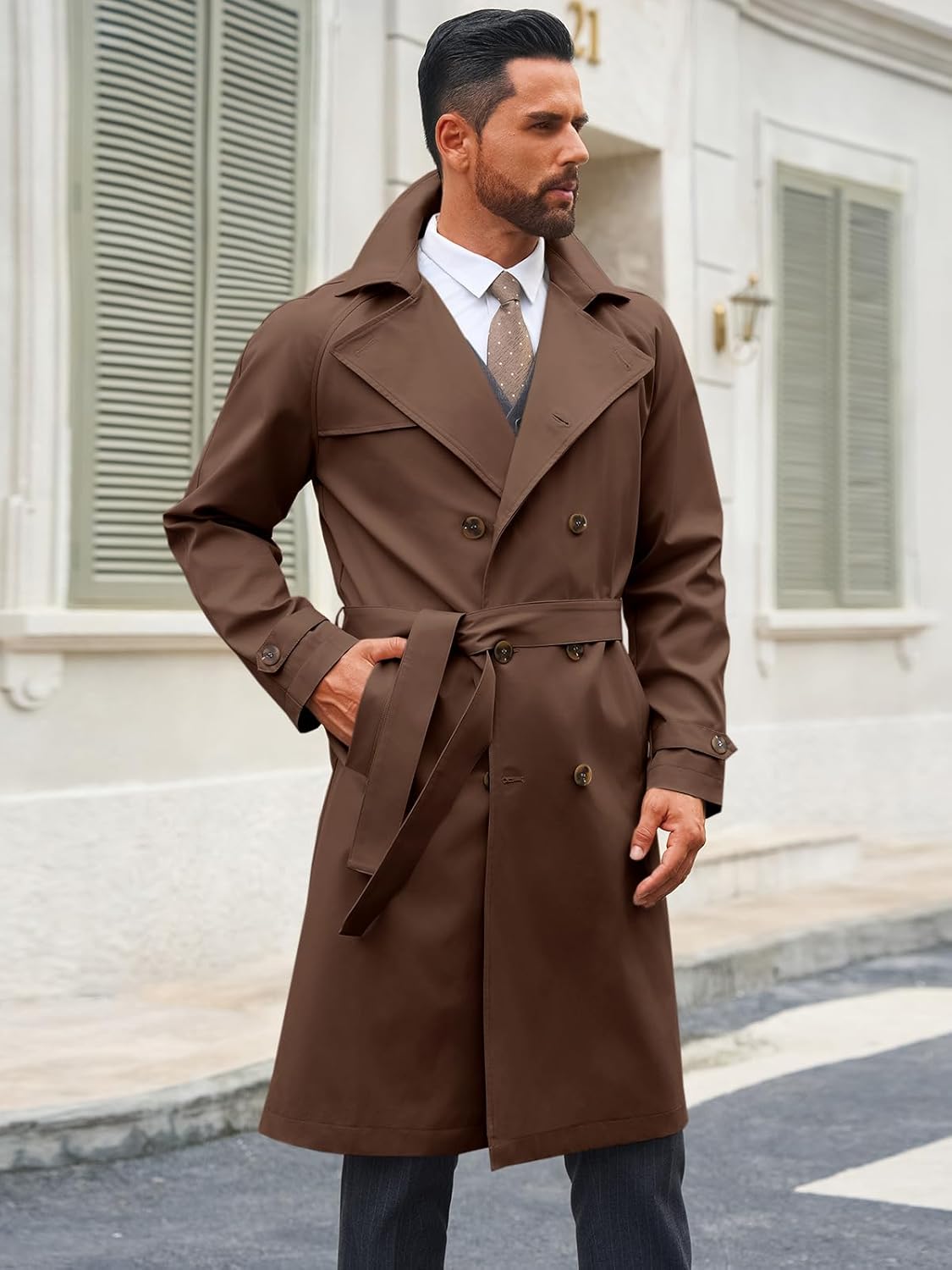 Runcati Mens Trench Coat Double Breasted Notched Lapel Casual Belted Windbreaker Fall Classic Long Jacket Overcoat - Image 3