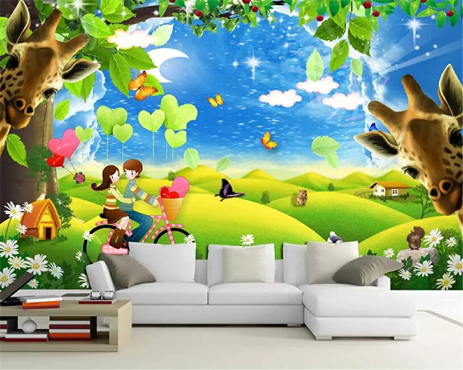 Papel Pintado Mural, 3D Caricatura, Coche, Pareja, Jirafa Papel Tapiz Autoadhesivo Para Sala De Estar, Dormitorio, Tv, Fondo, Oficina, Restaurante, Habitación, Foto De Pared E 200(ancho)x150(alto)cm