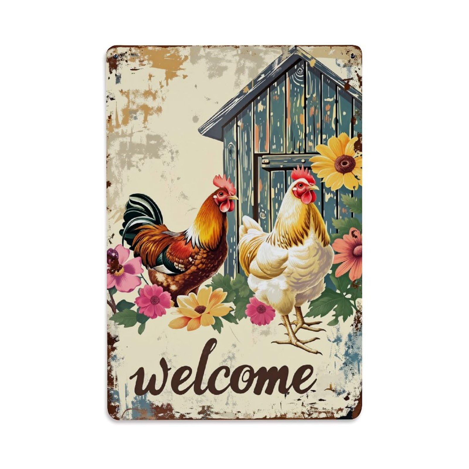 Enderetf Vintage Chicken Rooster Flowers Barn Welcome Tin Sign Metal Poster, Home Bar Garage Man Cave Cafe Indoor & Outdoor Wall Decoration 8X12inches