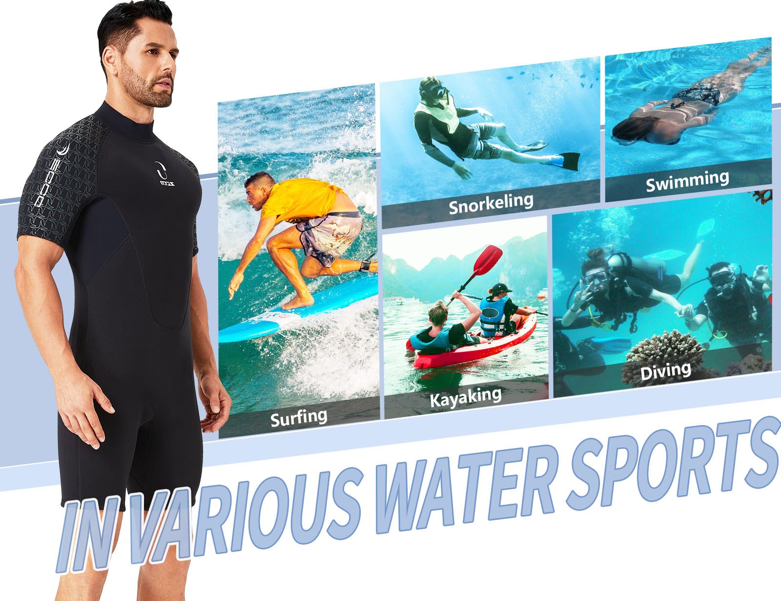 Kombinezony mokre, męskie, neoprenowe, damskie, 3 mm, zamek błyskawiczny, krótkie kombinezony do surfingu, snorkelingu, pływania kajakiem, nurkowania, pływania, SUP, pływania kajakiem, (czarne)