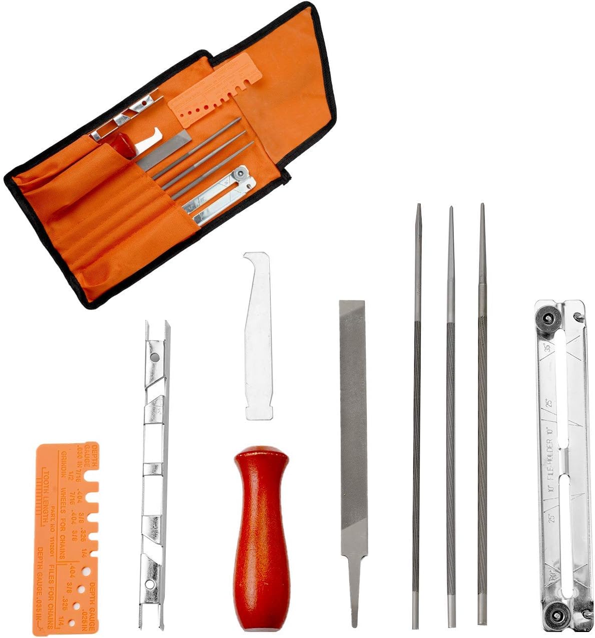 Chainsaw Sharpener File Kit,10 Pcs Chainsaw Sharpener File with 5/32 3/16 7/32 Round Files,Flat File, Depth Gauge, Filing Guide Holder, wood Handle for Sharpening and Filing Chainsaws and Other Blades : Patio, Lawn & Garden