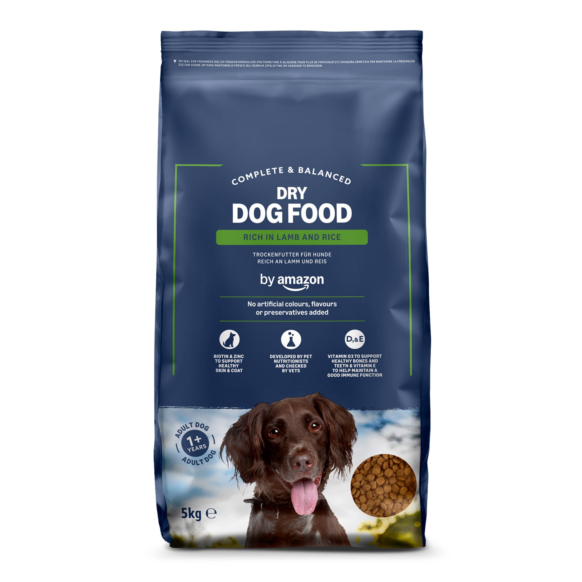 by Amazon - Complete Dry Dog Food for Adult Dogs, Rich in Lamb and Rice, 1 Pack of 5kg