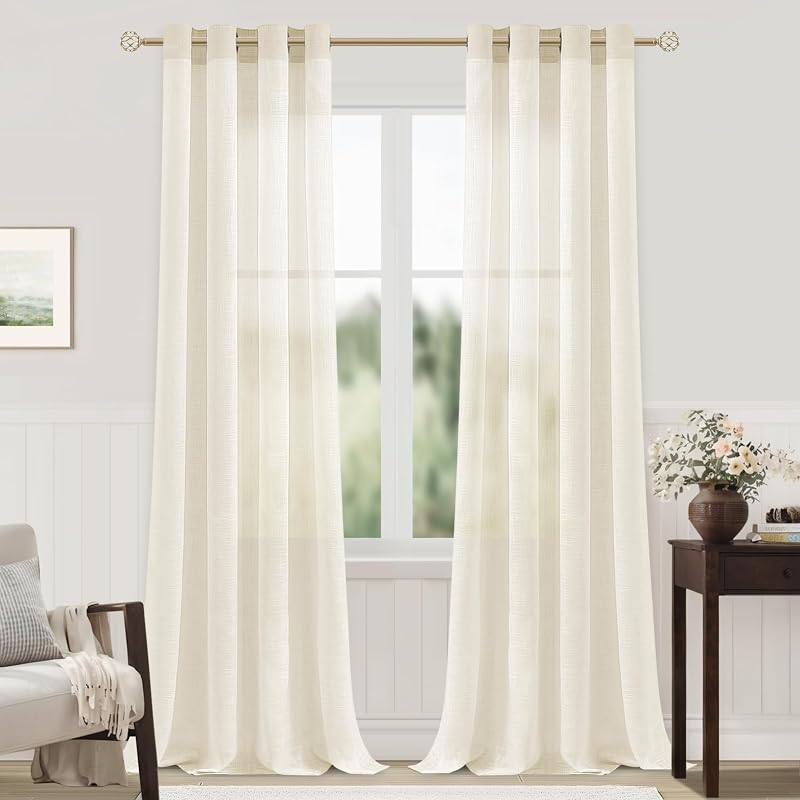 MRTREES Félátlátszó Voile Függöny Szett, Len Hatású Fényáteresztő Függöny Karikás, Krémfehér, 280×140 cm, 2 db, Nappaliba, Hálóba