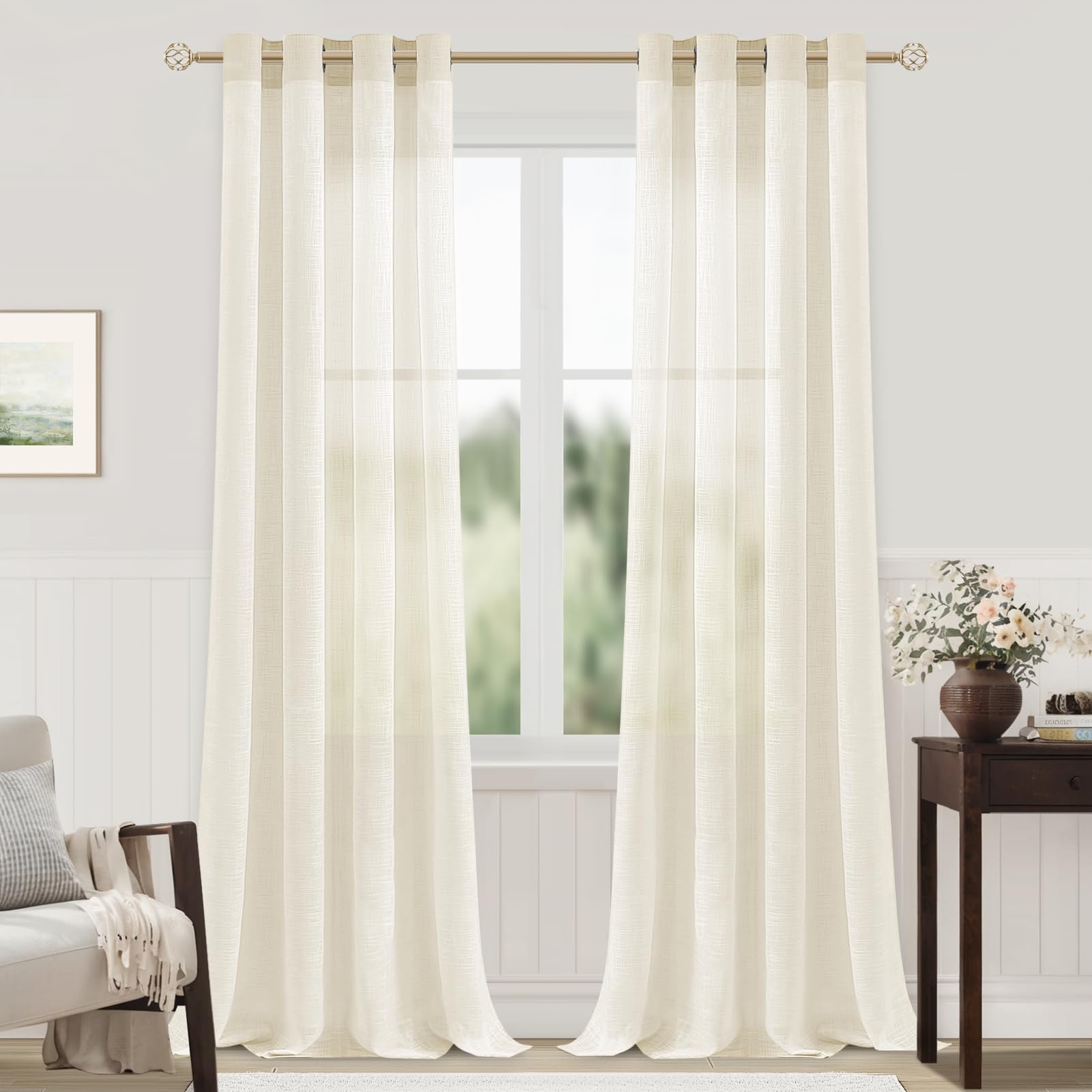 MRTREES Cortinas de Dormitorio Comedor Salon Cocina Habitacion 2 Piezas 140×245cm Visillos Blanco Marfil Translúcidas Modernas de Lino Aspecto con Ojales para Ventanas Sala para Niños Sala Cuarto