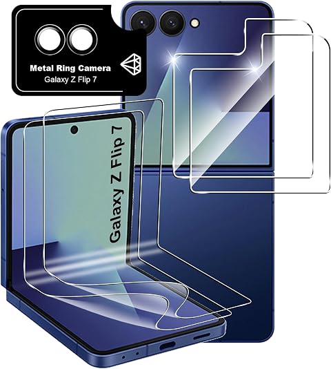 Fitudoos per Samsung Galaxy Z Flip 7【2 Pezzi】 Dentro Pellicola Protettiva Morbida +【2 Pezzi】 9H Anteriore Vetro Temperato +【1 Pezzi】 Fotocamera Pellicola Protettiva Membrana, Nessuna bolla.