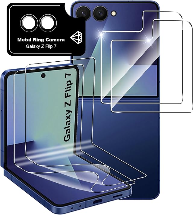 Fitudoos per Samsung Galaxy Z Flip 7【2 Pezzi】 Dentro Pellicola Protettiva Morbida +【2 Pezzi】 9H Anteriore Vetro Temperato +【1 Pezzi】 Fotocamera Pellicola Protettiva Membrana, Nessuna bolla.