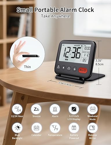 Miniatura 2 de NOKLEAD Reloj despertador digital de viaje para dormitorio y oficina: pequeño reloj de escritorio LCD con luz de fondo, fecha, temperatura,