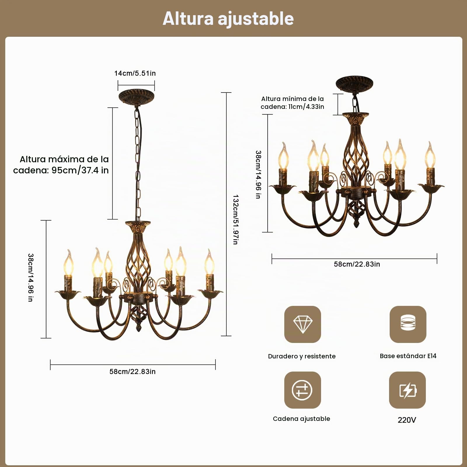 Comely Lampara Araña Rusticas, Ajustable Negro Candelabro 6 Luces E14 Negro | Lampara Colgante Vintage, Lámpara de Techo Rusticas para Cocina, Comedor